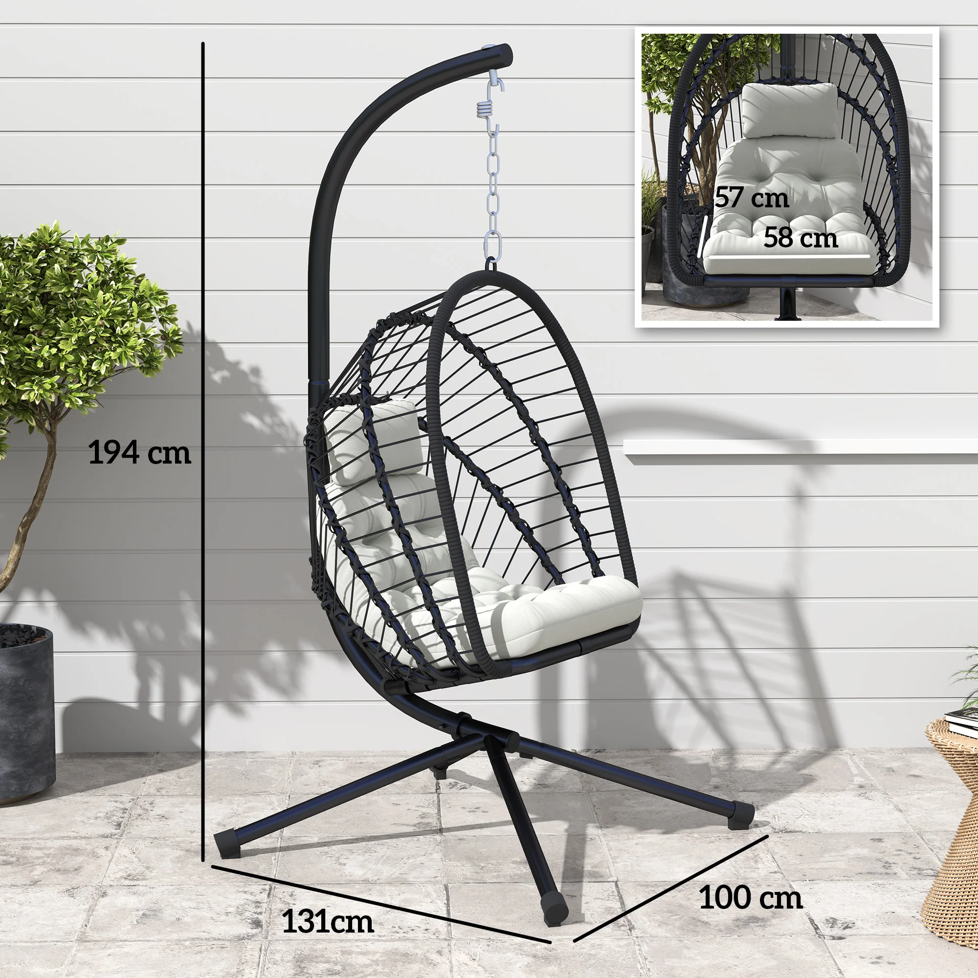Foldable Rattan Hanging Egg Chair w/ Cushion, Headrest & Metal Stand for Patio, Black - Image 5