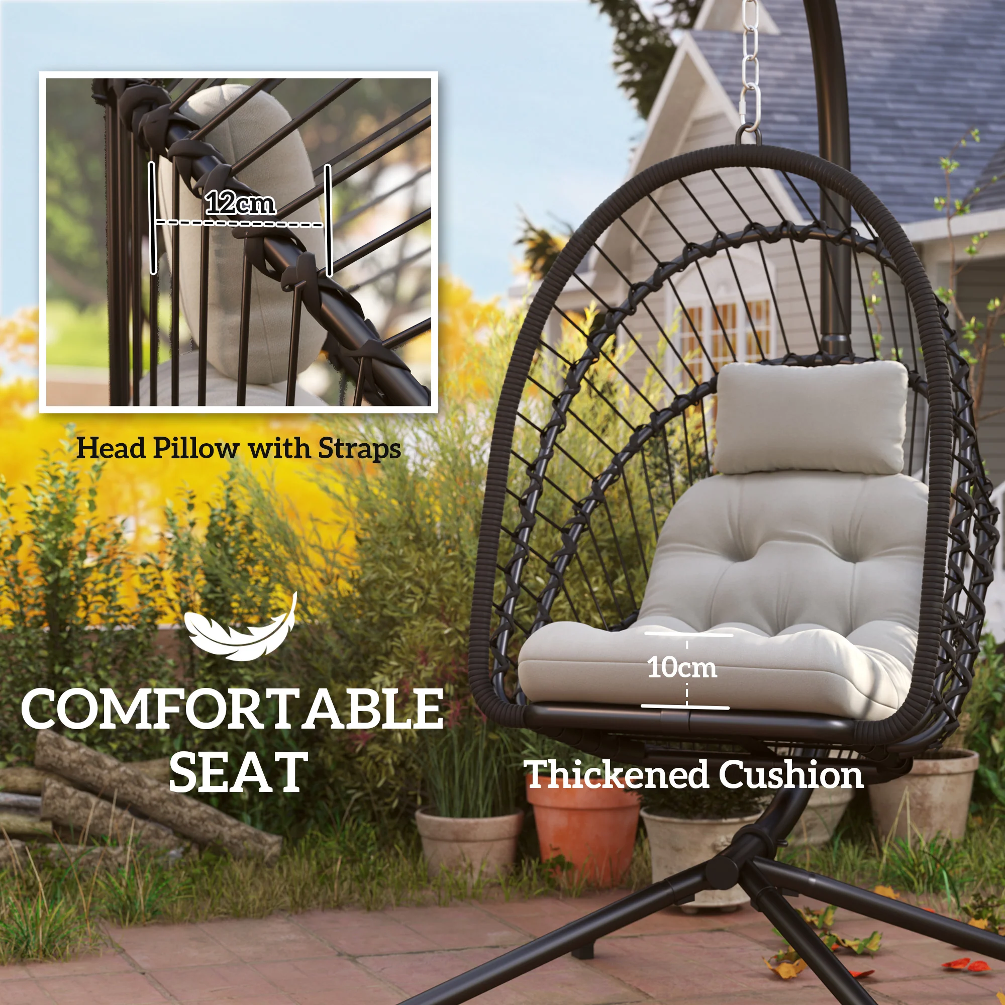 Foldable Rattan Hanging Egg Chair w/ Cushion, Headrest & Metal Stand for Patio, Black - Image 6