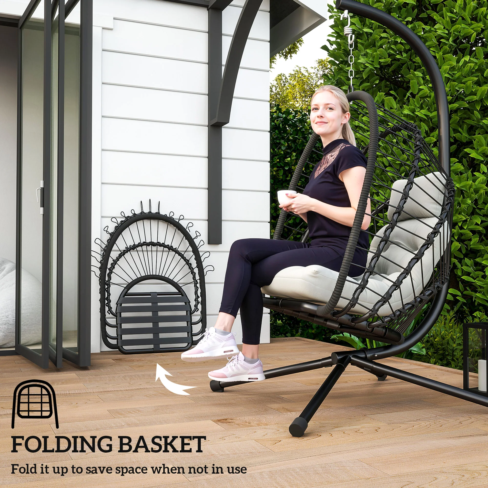 Foldable Rattan Hanging Egg Chair w/ Cushion, Headrest & Metal Stand for Patio, Black - Image 7