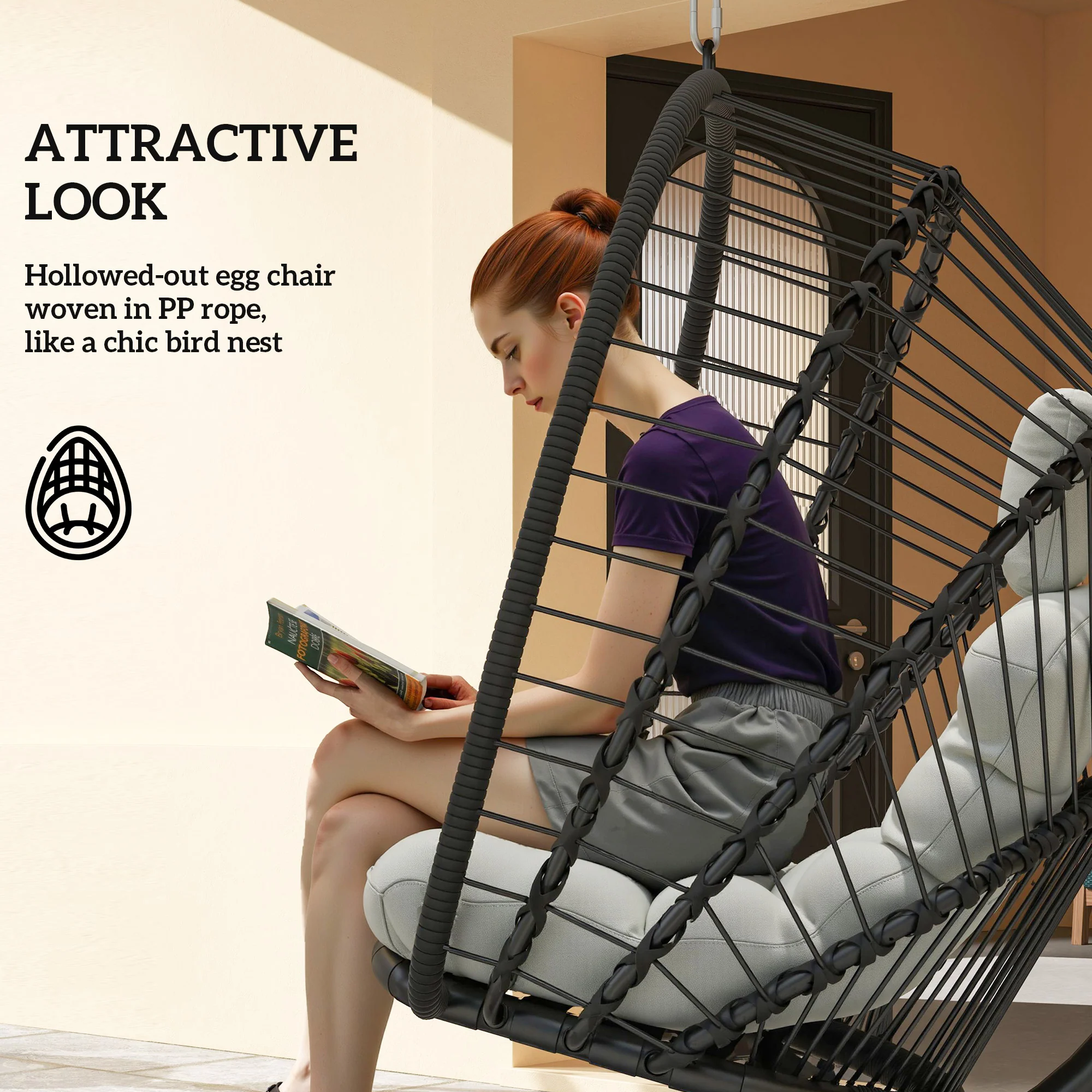 Foldable Rattan Hanging Egg Chair w/ Cushion, Headrest & Metal Stand for Patio, Black - Image 8