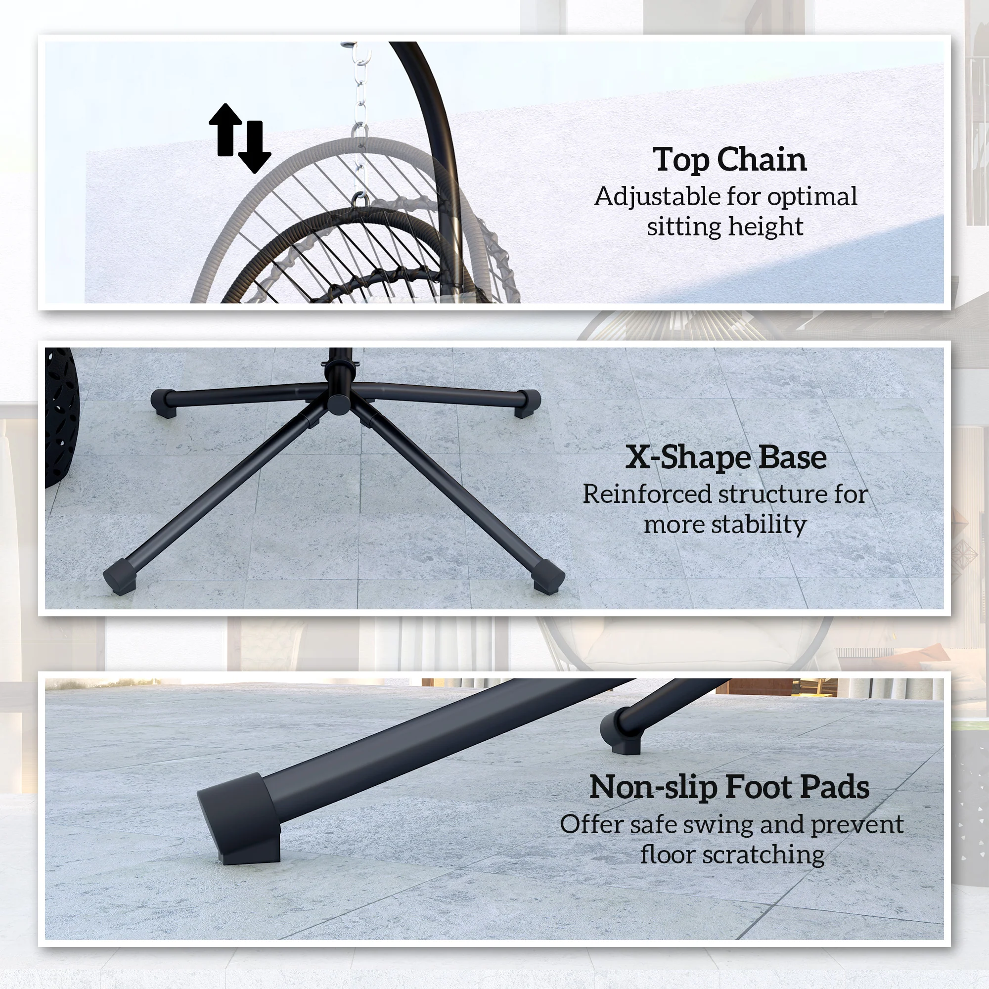 Foldable Rattan Hanging Egg Chair w/ Cushion, Headrest & Metal Stand for Patio, Black - Image 9