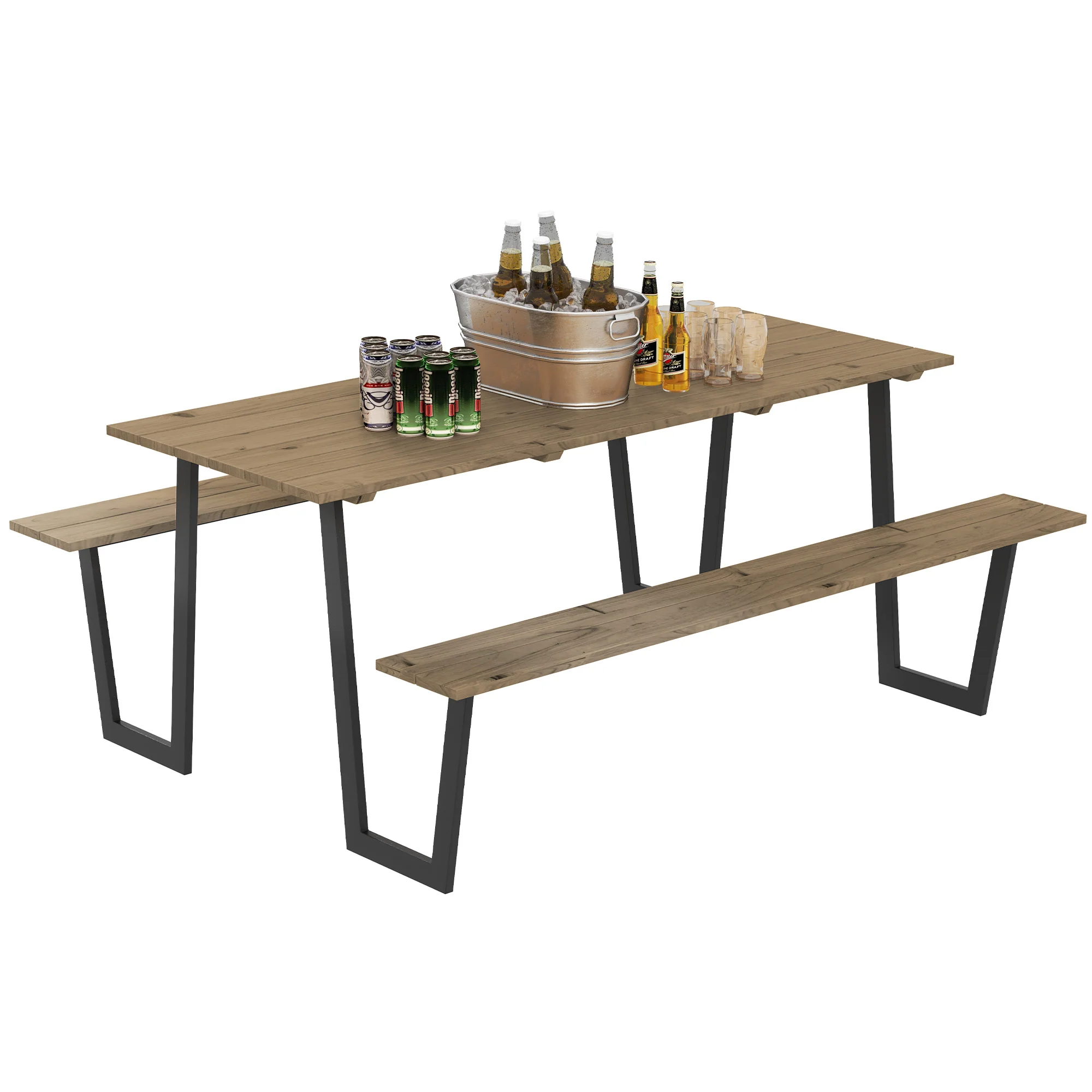 Outdoor Picnic Spruce Wood Table Set for 6-8, 2" Umbrella Hole, 795 LBS Benches, Brown