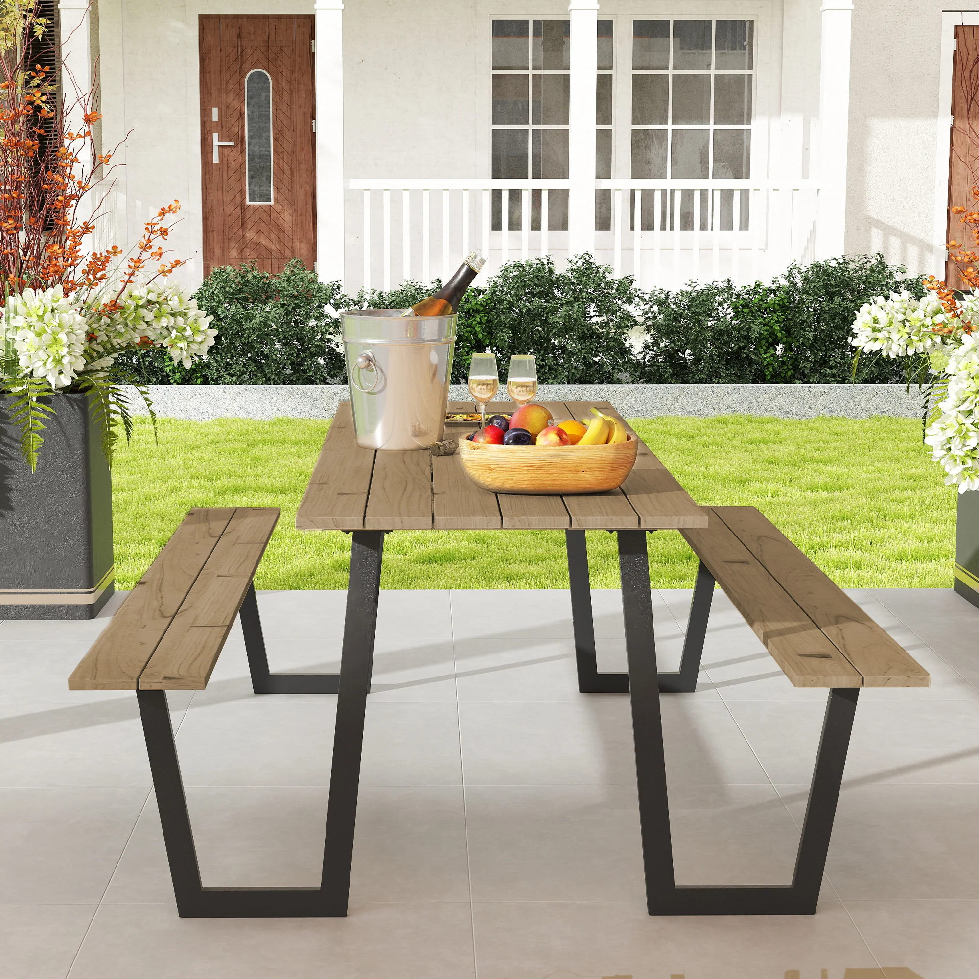 Outdoor Picnic Spruce Wood Table Set for 6-8, 2" Umbrella Hole, 795 LBS Benches, Brown - Image 4