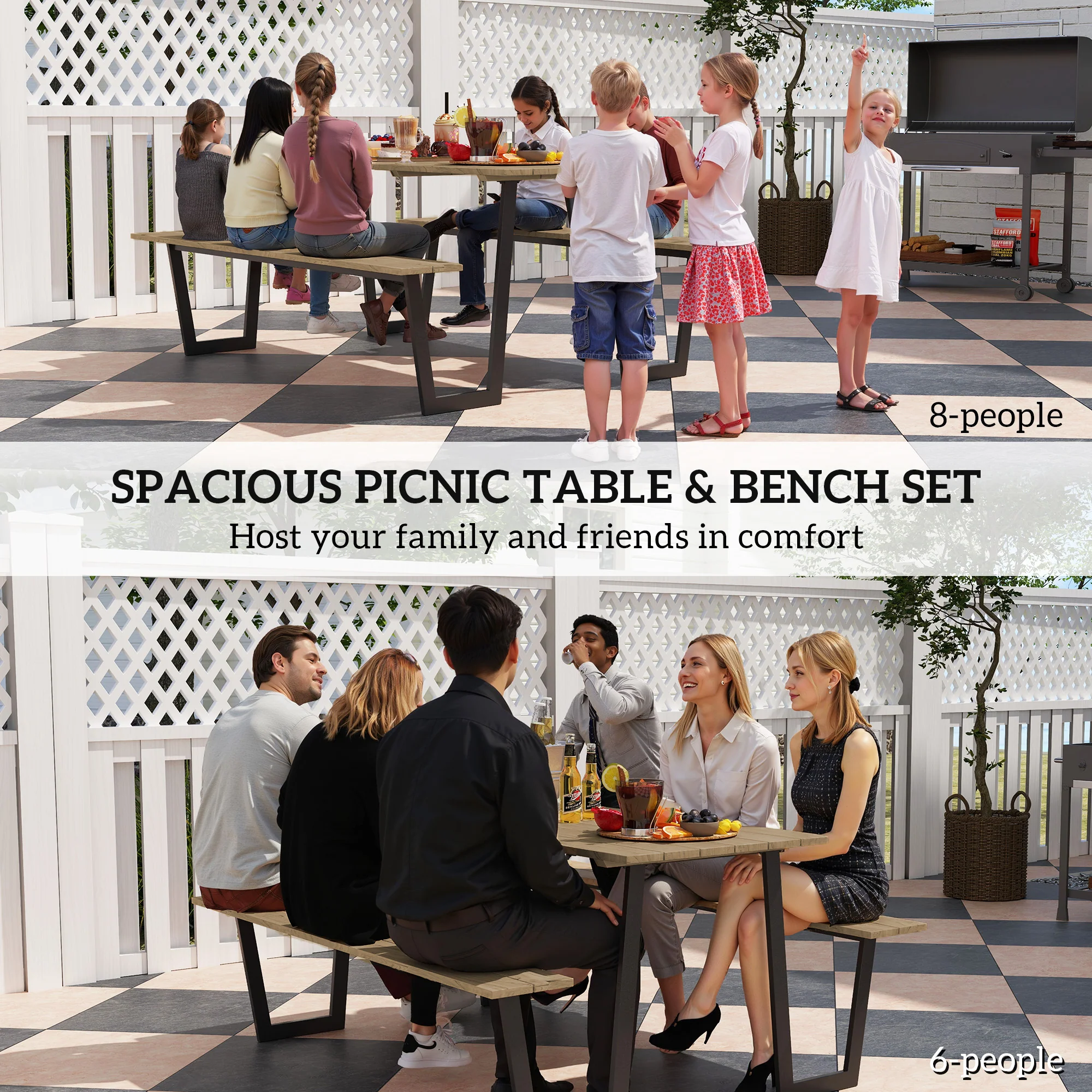 Outdoor Picnic Spruce Wood Table Set for 6-8, 2" Umbrella Hole, 795 LBS Benches, Brown - Image 6