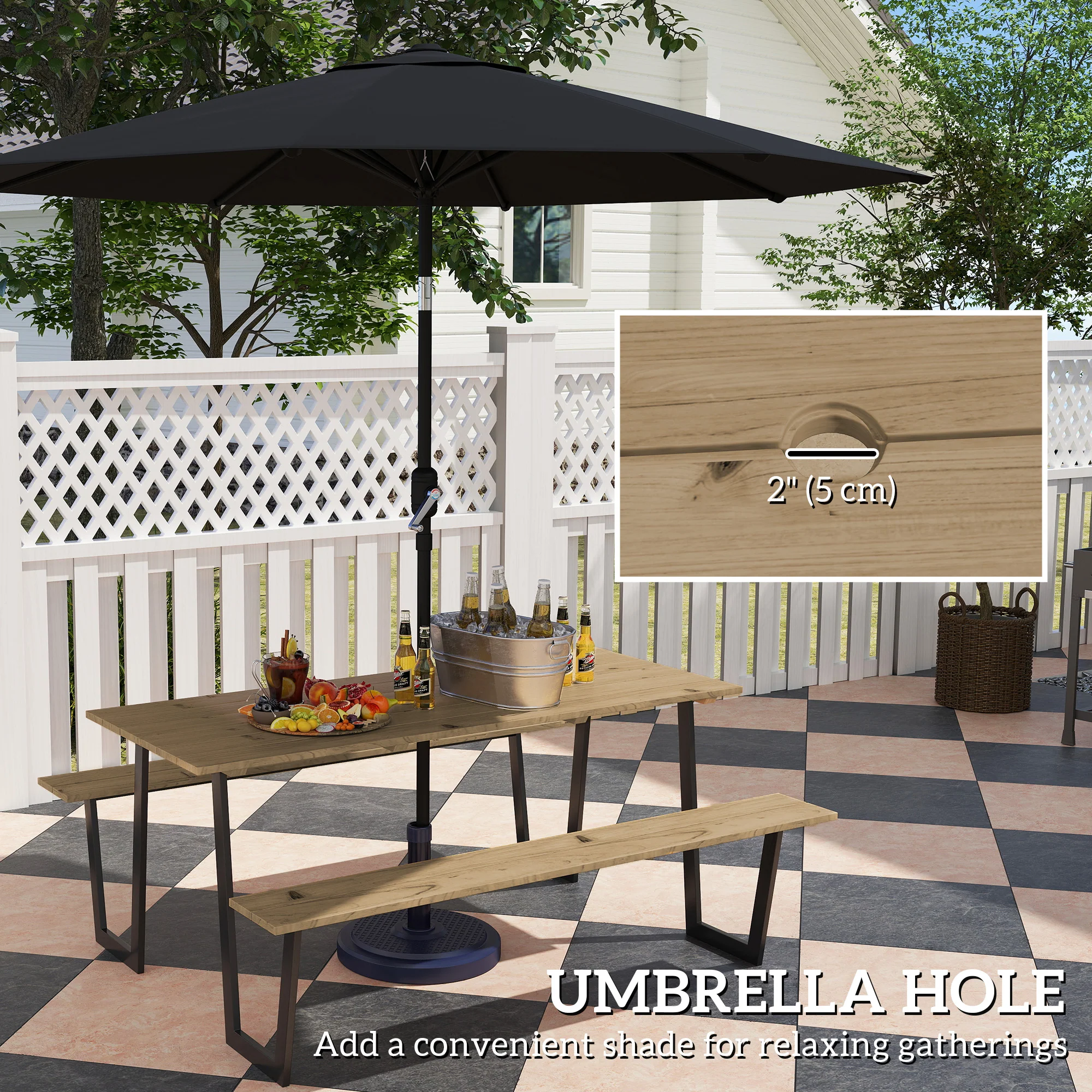 Outdoor Picnic Spruce Wood Table Set for 6-8, 2" Umbrella Hole, 795 LBS Benches, Brown - Image 7