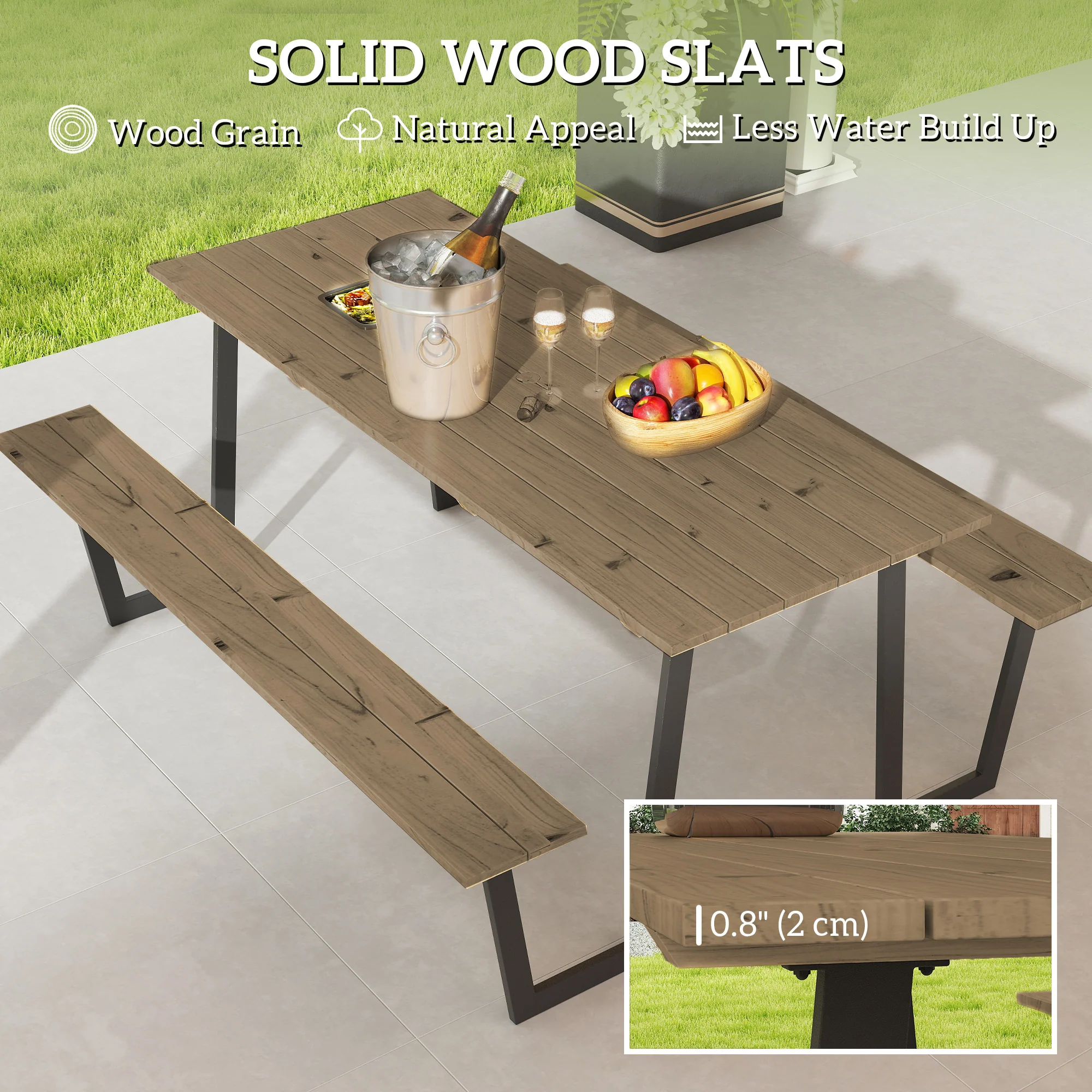 Outdoor Picnic Spruce Wood Table Set for 6-8, 2" Umbrella Hole, 795 LBS Benches, Brown - Image 8