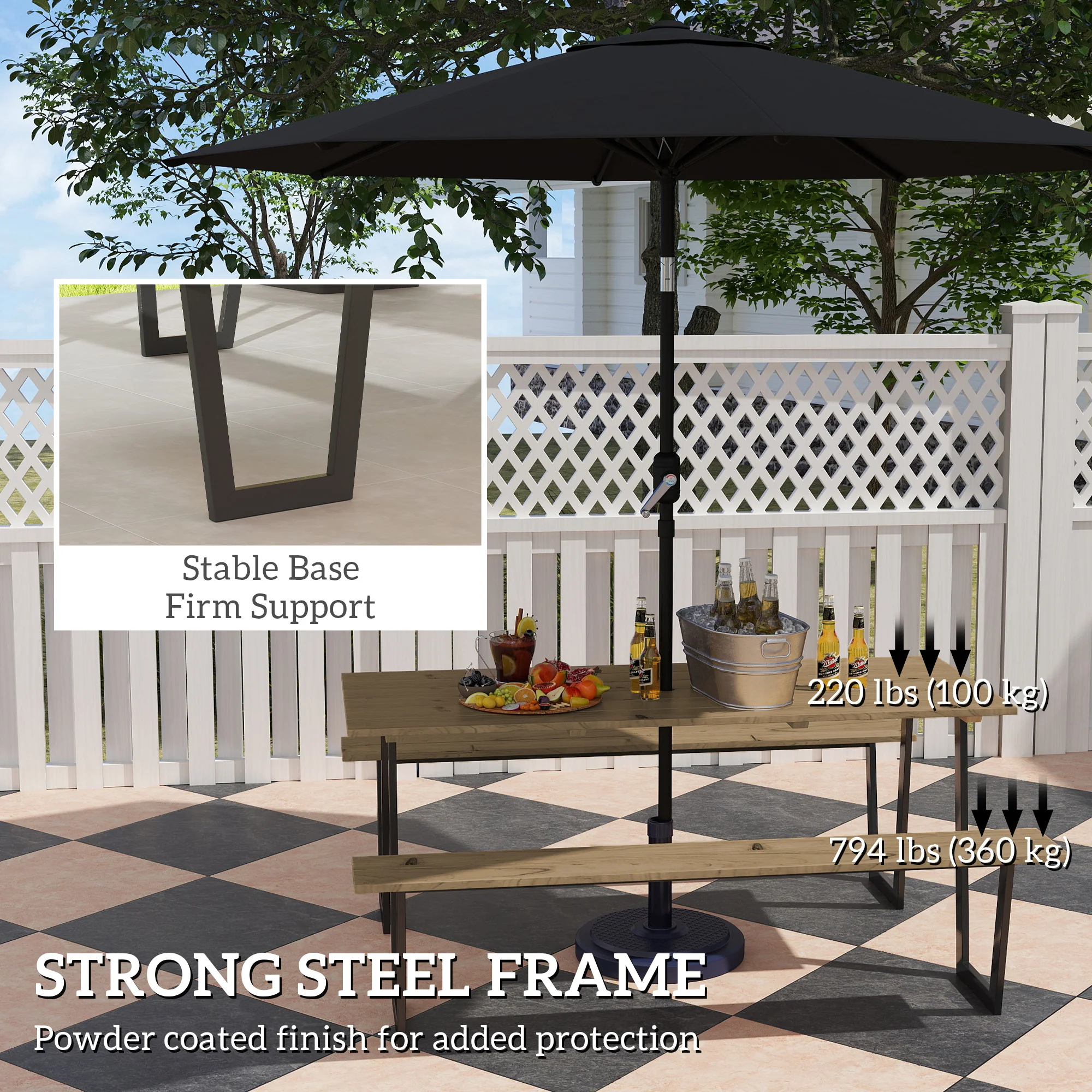 Outdoor Picnic Spruce Wood Table Set for 6-8, 2" Umbrella Hole, 795 LBS Benches, Brown - Image 9