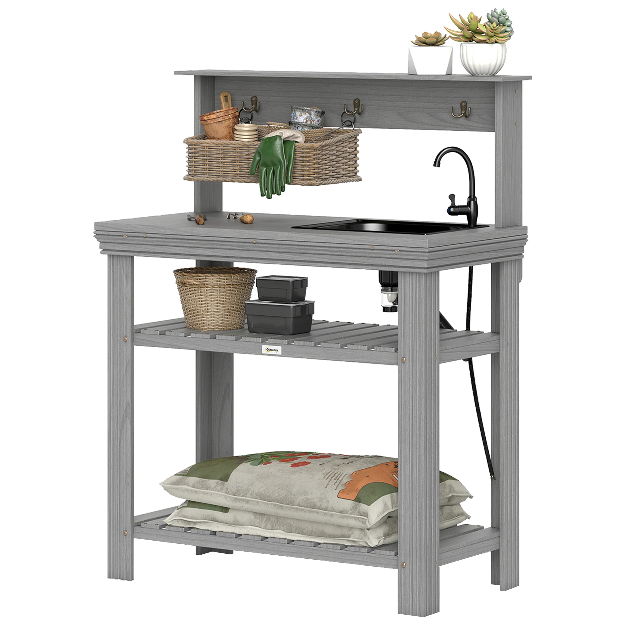 Outdoor Potting Bench Table with Faucet, Sink, Shelves and Hooks, Grey - Image 2