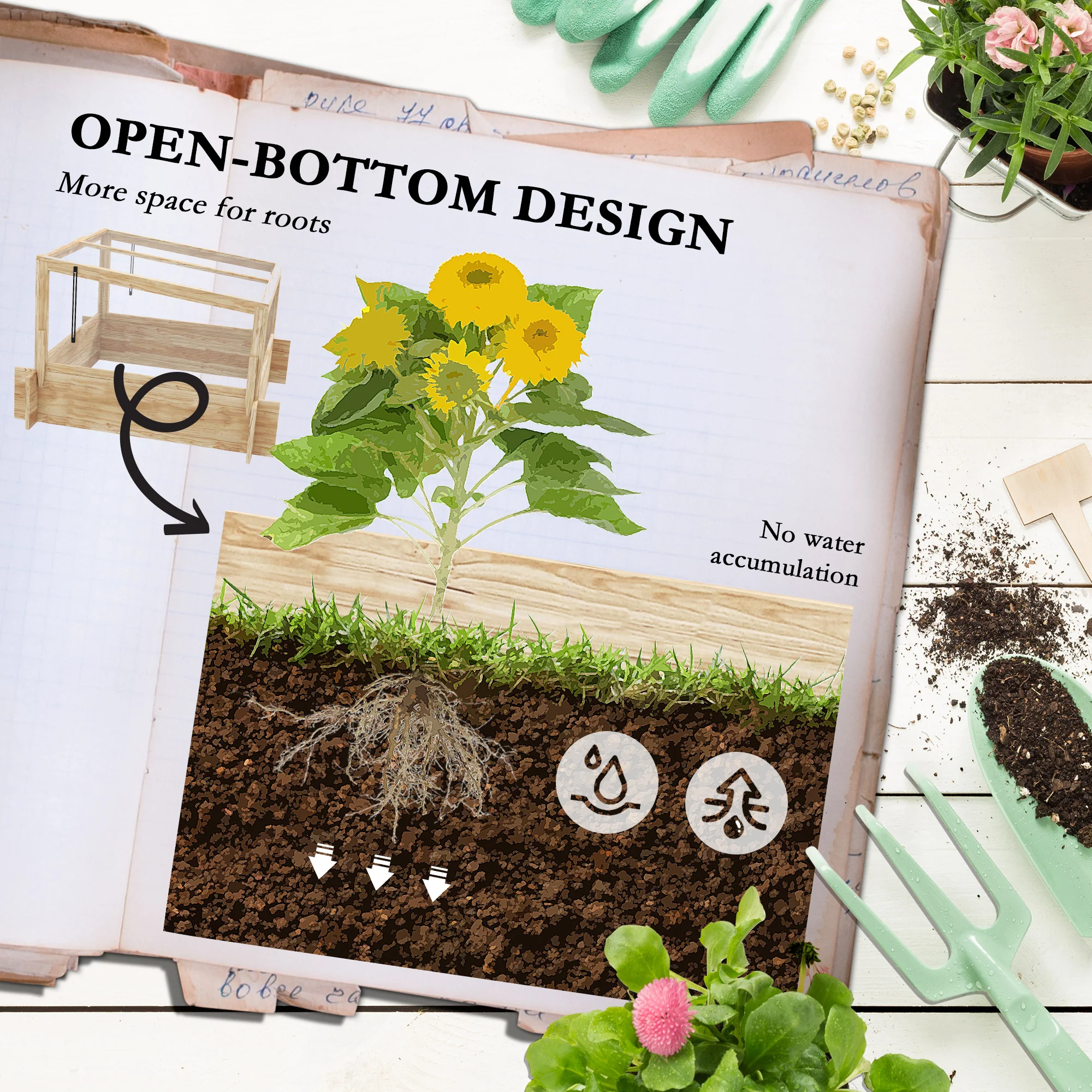 Outdoor Raised Garden Bed with Cold Frame Greenhouse and Openable Top, Wooden Elevated Planter Box for Vegetables, Flowers and Herbs, 98x98x63.5cm - Image 9