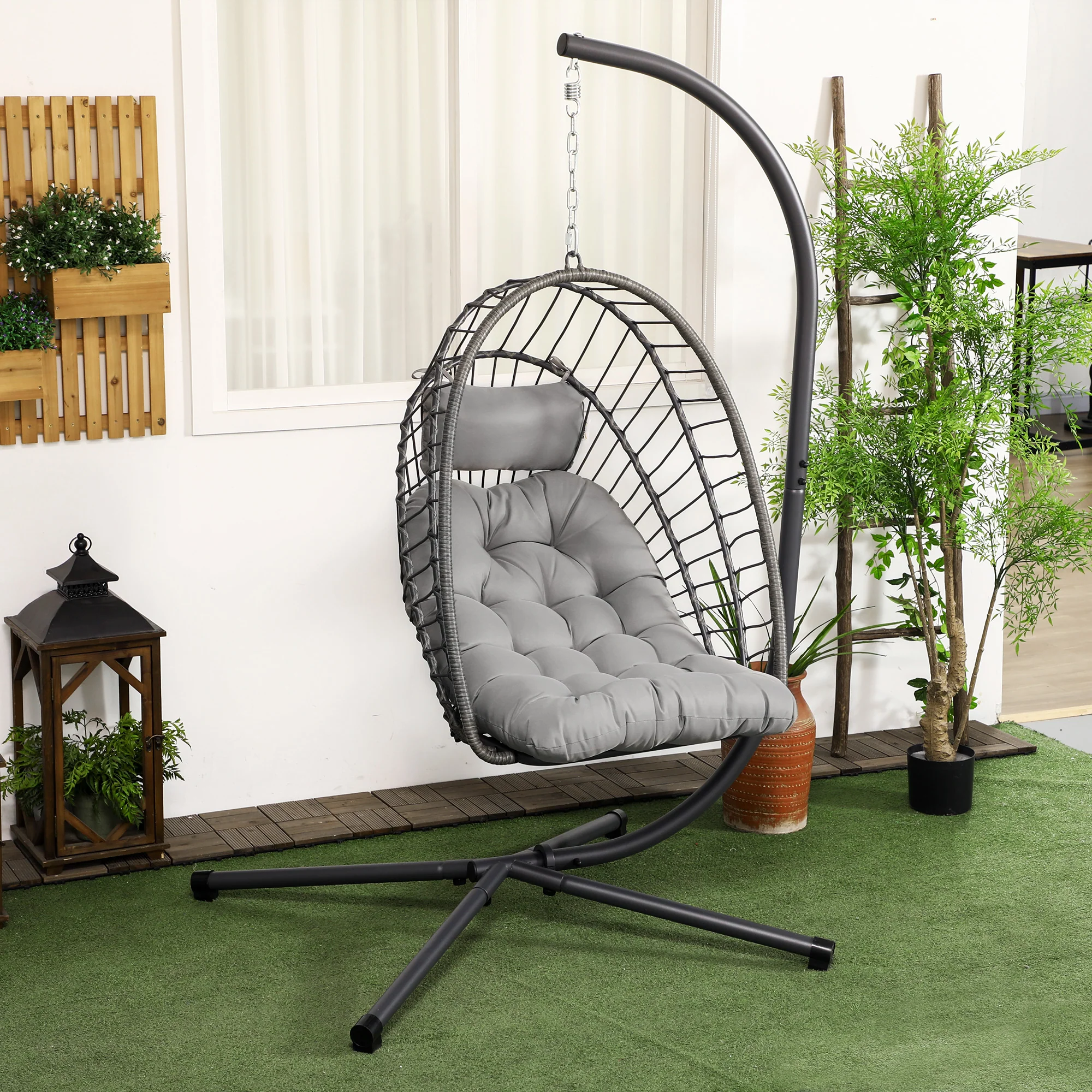 Rattan Hanging Egg Chair with Metal Stand, Foldable Basket & Cushion, Light Grey - Image 3