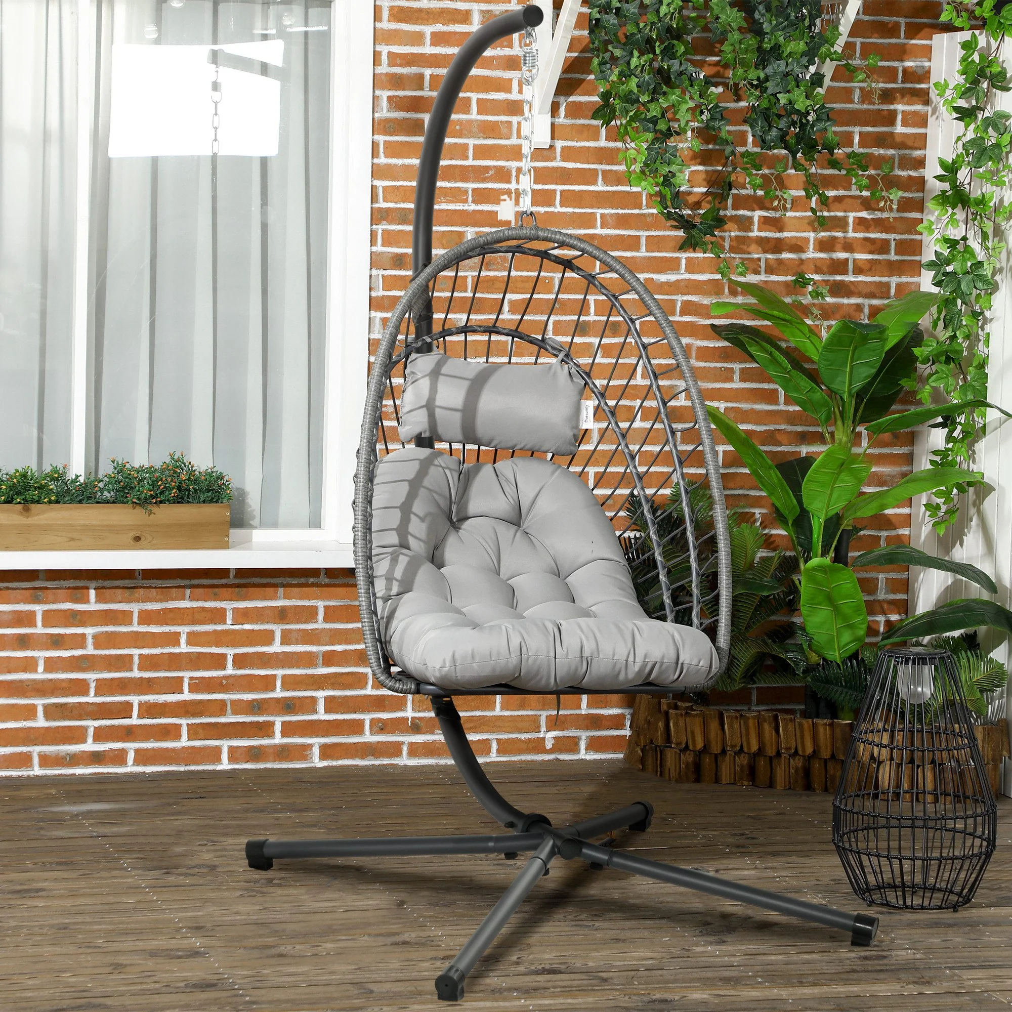 Rattan Hanging Egg Chair with Metal Stand, Foldable Basket & Cushion, Light Grey - Image 4