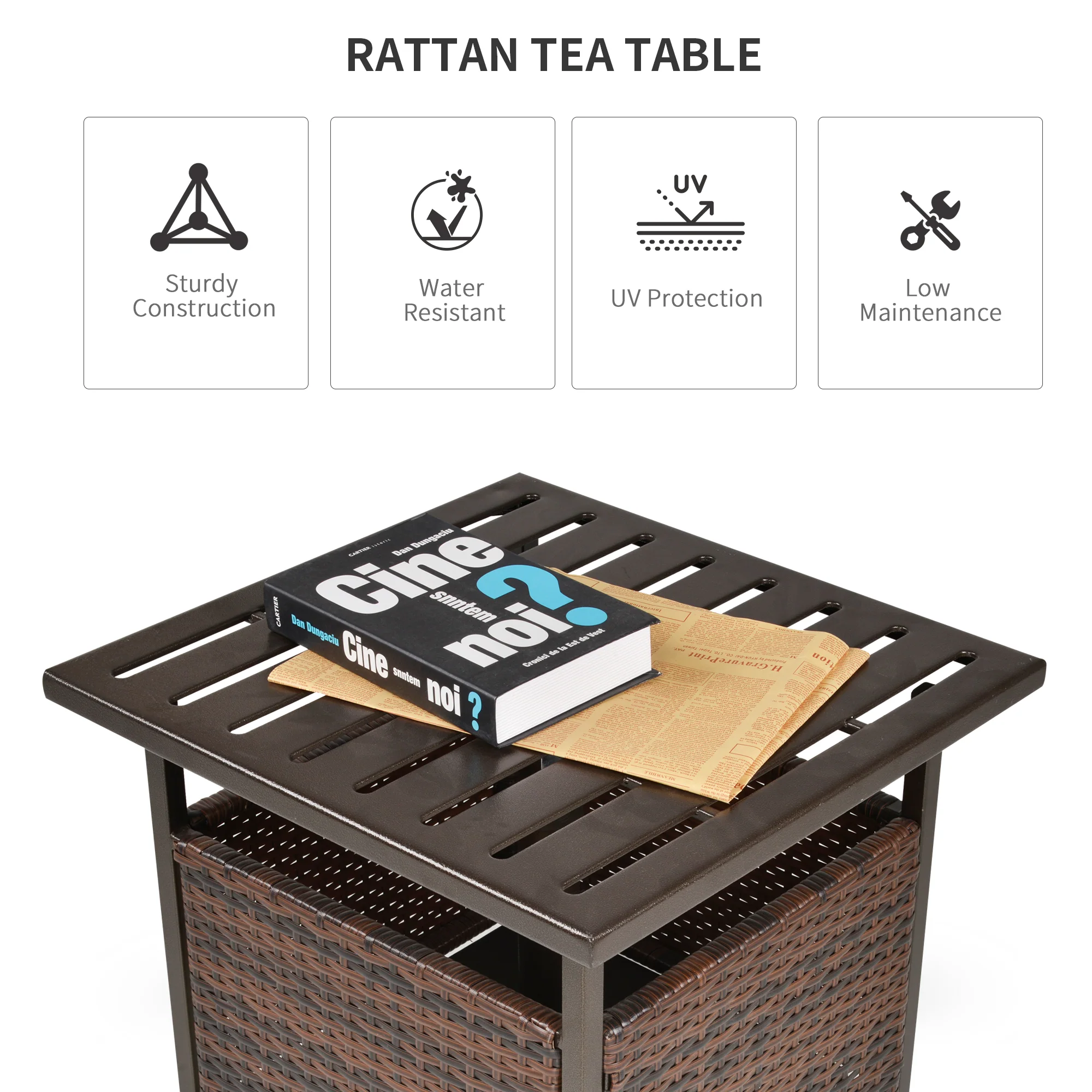 Rattan Wicker Patio Coffee Table w/ Umbrella Hole for Garden, Backyard, Brown - Image 6