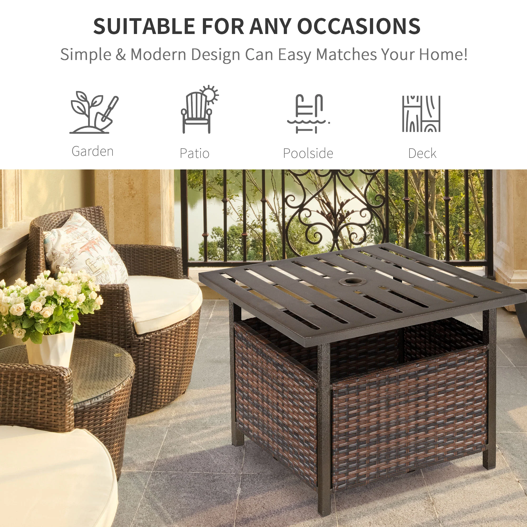 Rattan Wicker Patio Coffee Table w/ Umbrella Hole for Garden, Backyard, Brown - Image 7