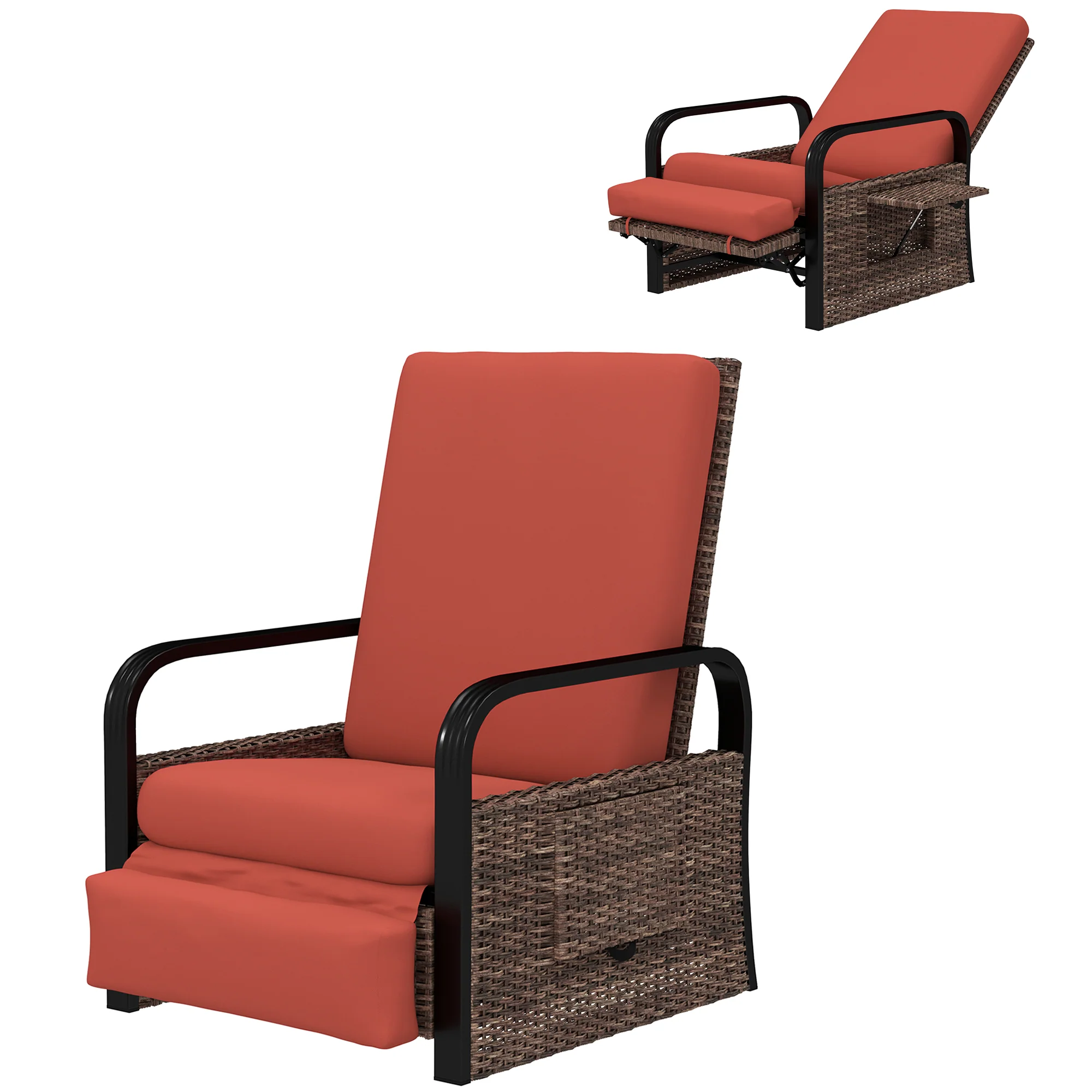 Reclining Outdoor Wicker Lounge Chair w/ Cushion, Adjustable Backrest & Footrest, Red