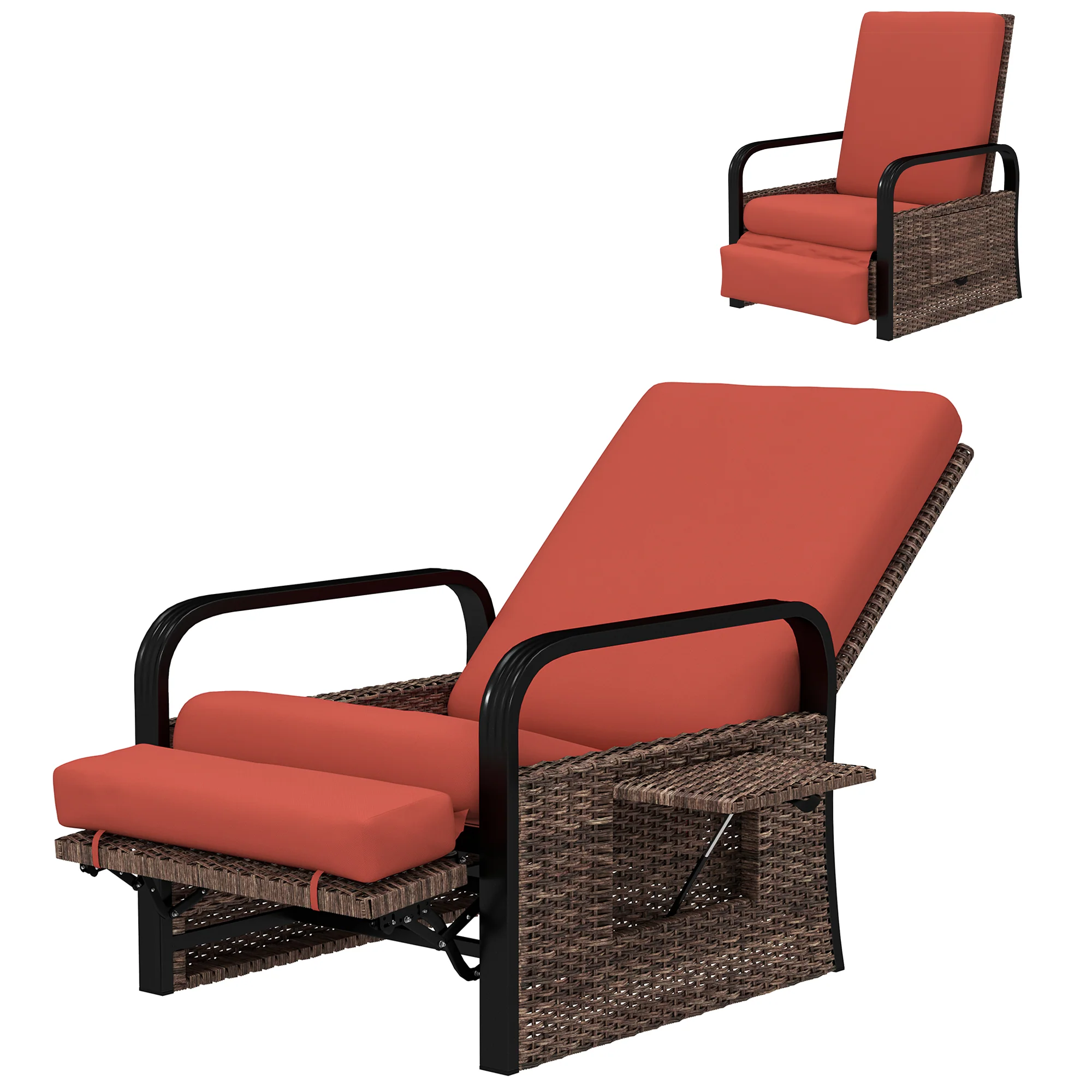 Reclining Outdoor Wicker Lounge Chair w/ Cushion, Adjustable Backrest & Footrest, Red - Image 2