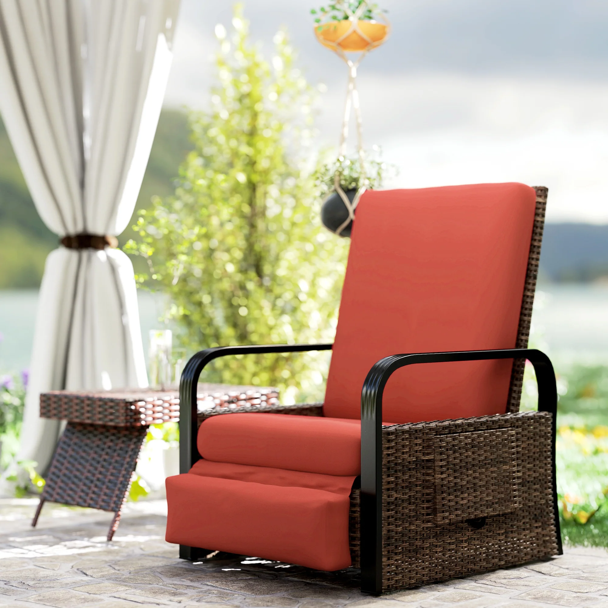 Reclining Outdoor Wicker Lounge Chair w/ Cushion, Adjustable Backrest & Footrest, Red - Image 4