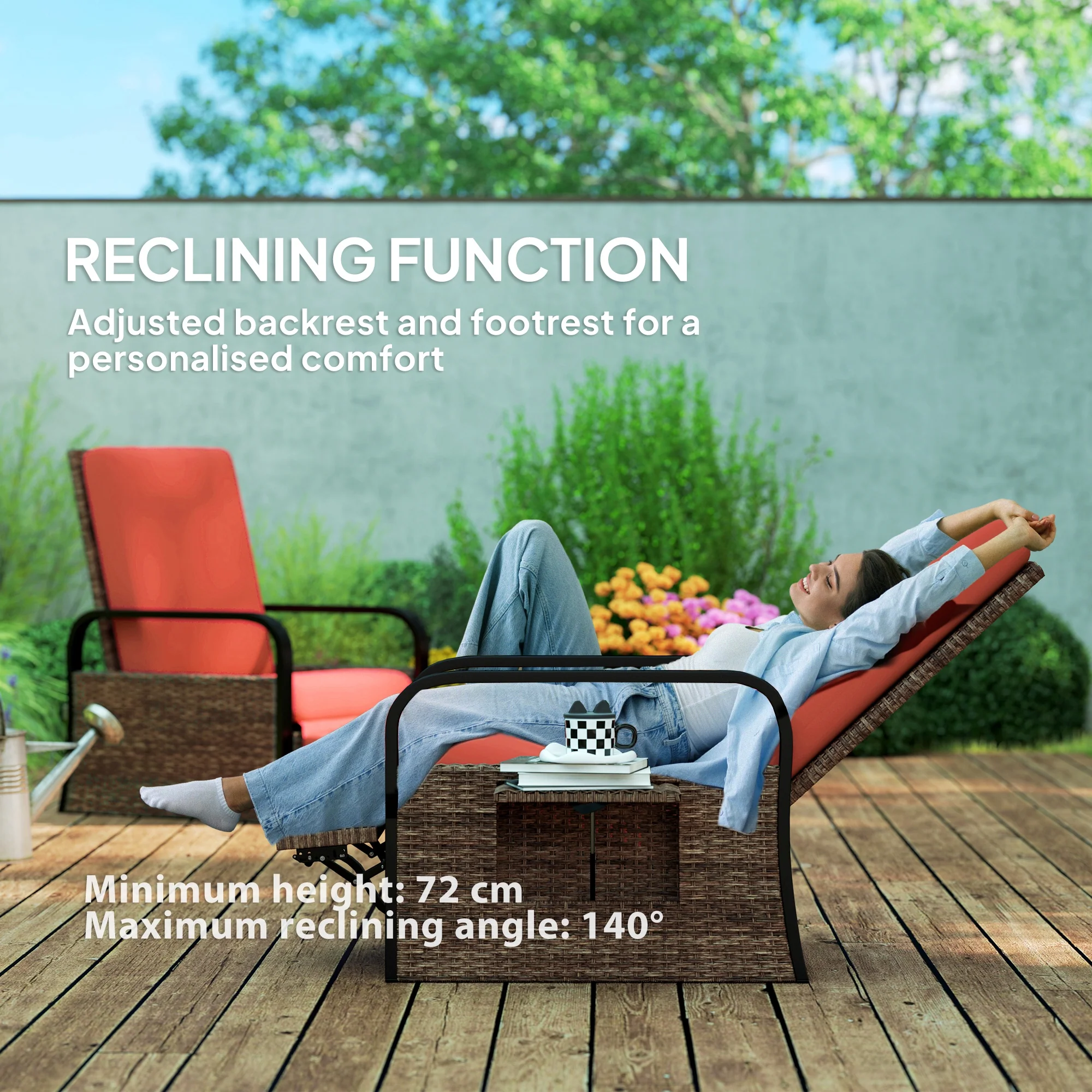 Reclining Outdoor Wicker Lounge Chair w/ Cushion, Adjustable Backrest & Footrest, Red - Image 6