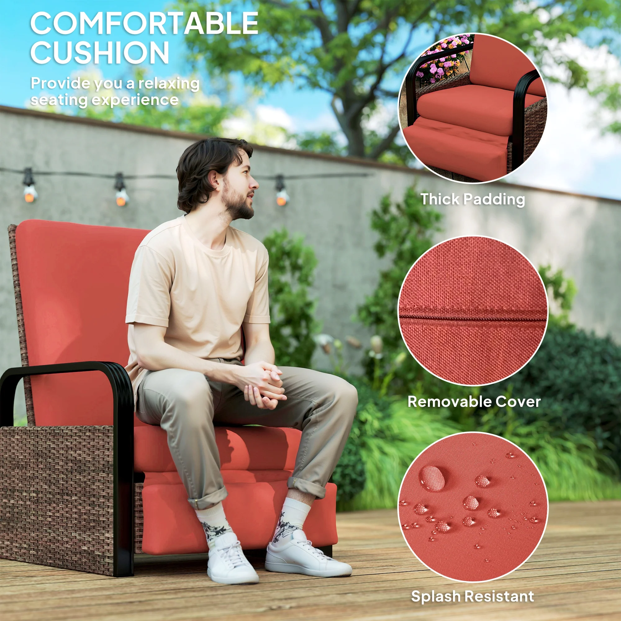 Reclining Outdoor Wicker Lounge Chair w/ Cushion, Adjustable Backrest & Footrest, Red - Image 8