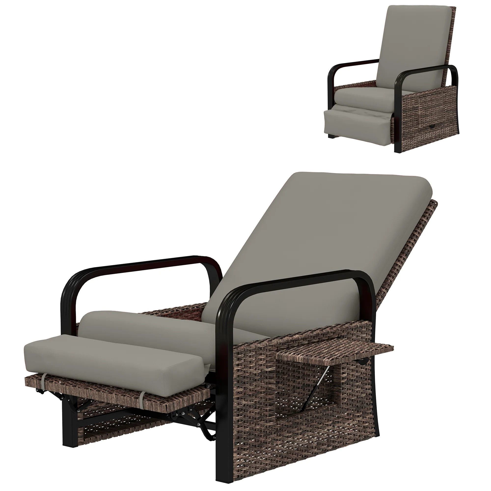Reclining Outdoor Wicker Lounge Chair w/ Cushion, Adjustable Backrest & Footrest, Light Grey - Image 2