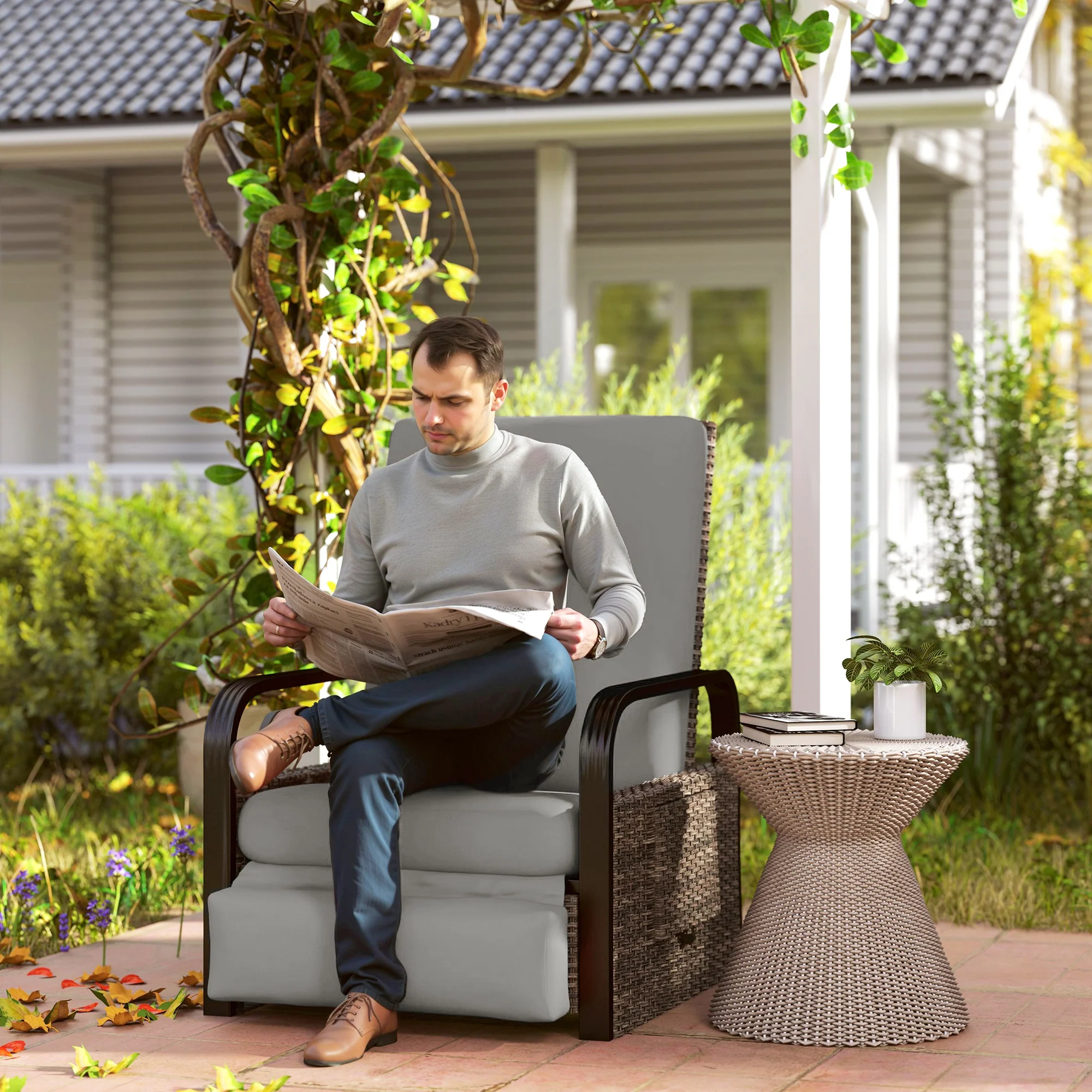 Reclining Outdoor Wicker Lounge Chair w/ Cushion, Adjustable Backrest & Footrest, Light Grey - Image 3