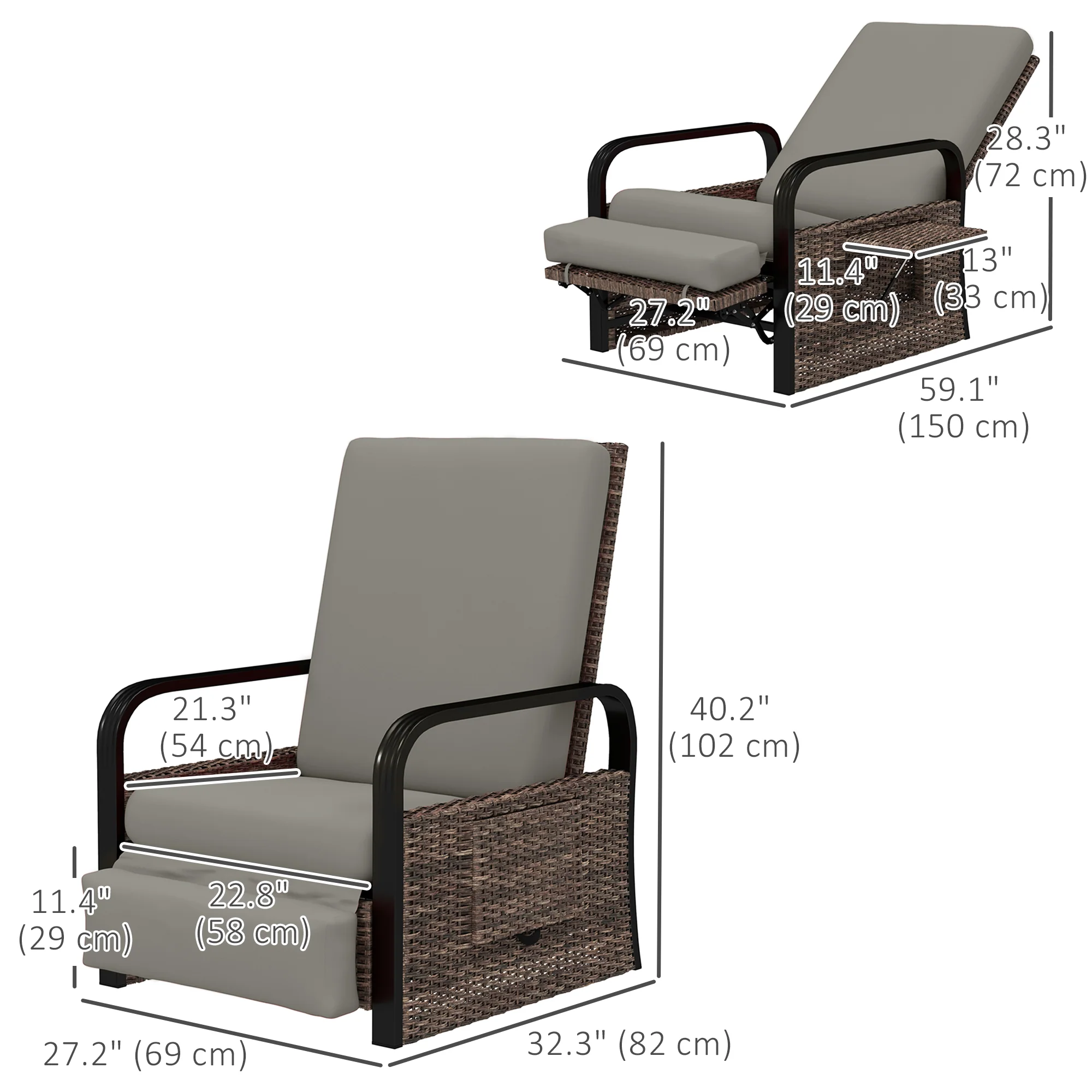 Reclining Outdoor Wicker Lounge Chair w/ Cushion, Adjustable Backrest & Footrest, Light Grey - Image 5