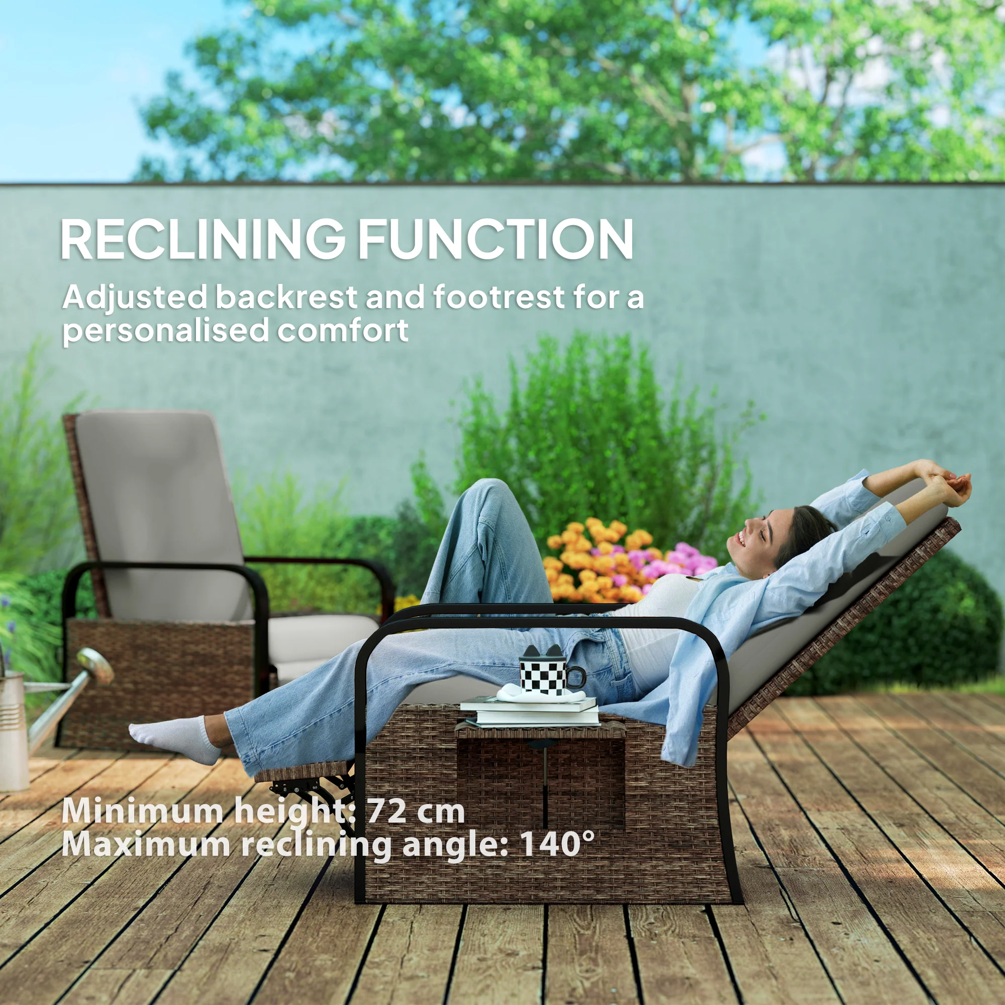 Reclining Outdoor Wicker Lounge Chair w/ Cushion, Adjustable Backrest & Footrest, Light Grey - Image 6