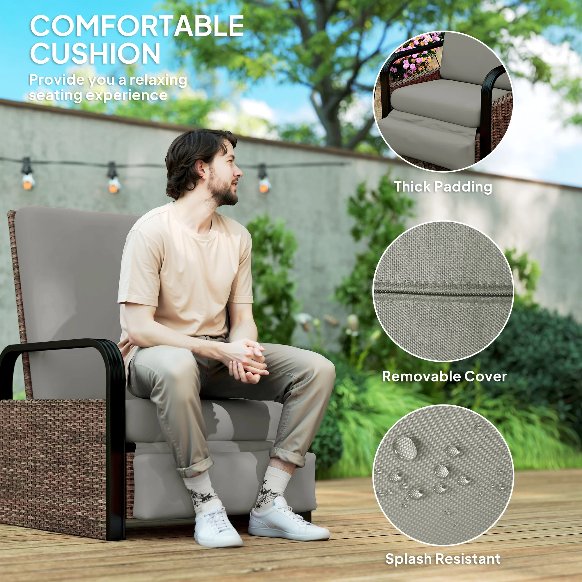 Reclining Outdoor Wicker Lounge Chair w/ Cushion, Adjustable Backrest & Footrest, Light Grey - Image 8