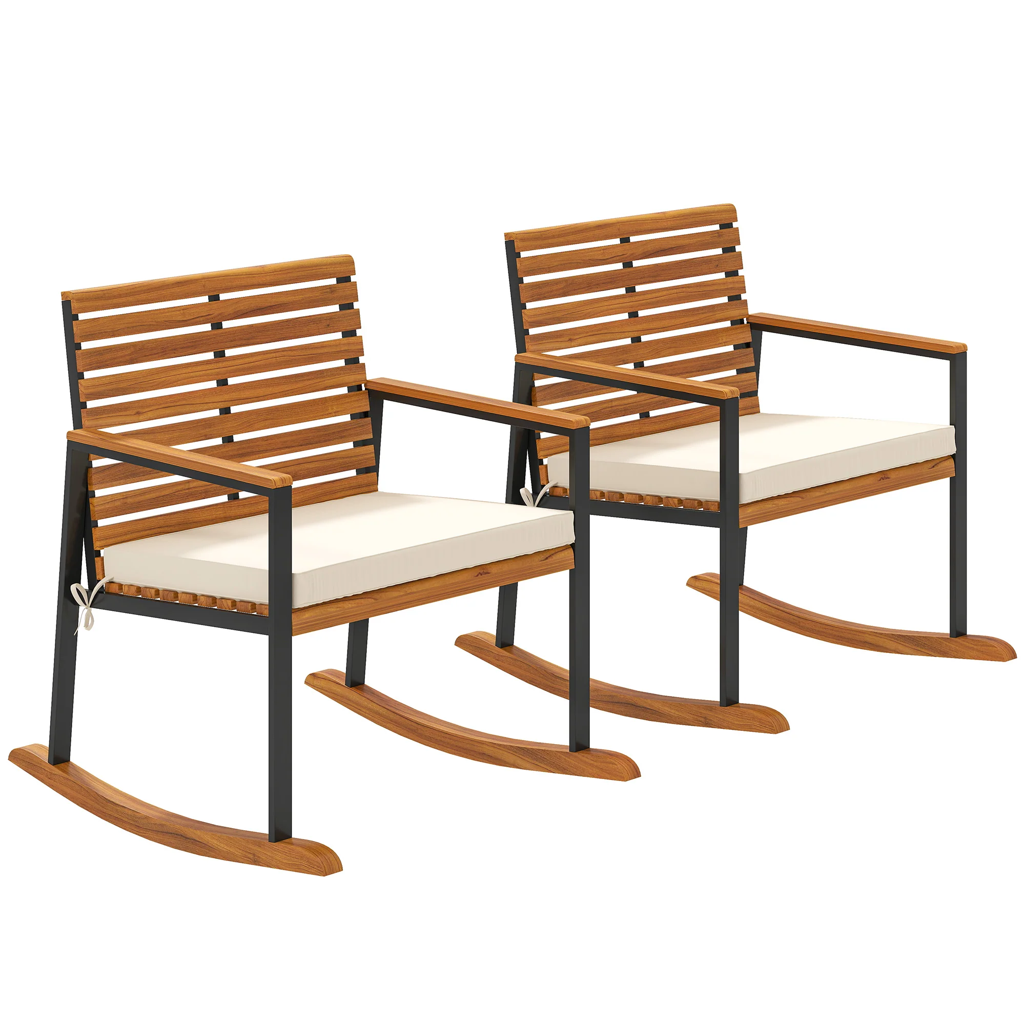 2-Piece Acacia Wood Rocking Chair Set with Cushions, Cream White - Image 11