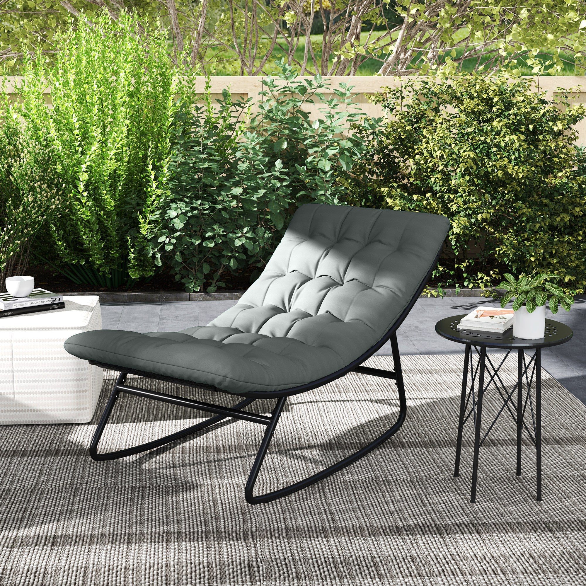 Outdoor Patio Rocking Chair with Cushion, Balcony Chair with Mesh Deep Seat, Grey - Image 11