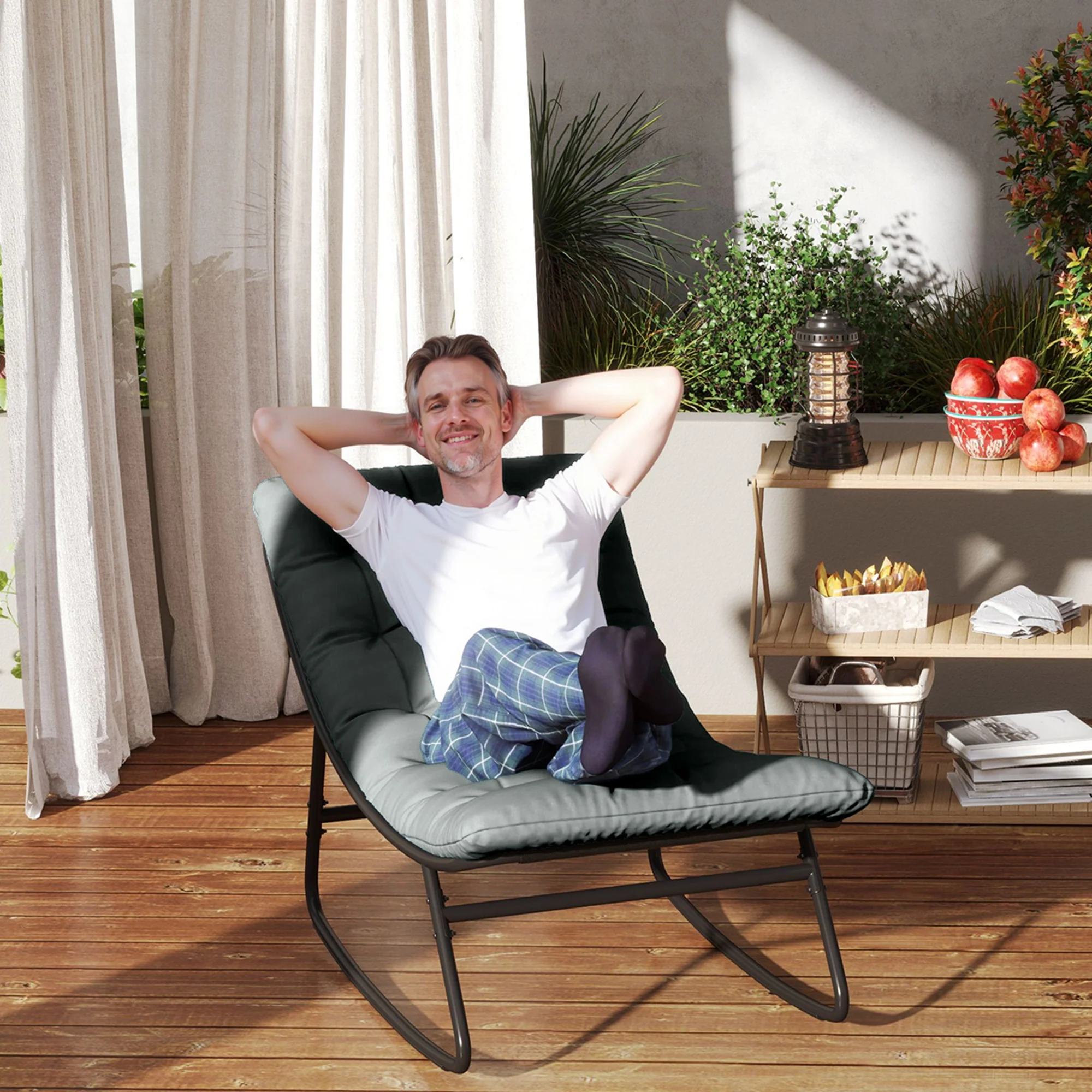 Outdoor Patio Rocking Chair with Cushion, Balcony Chair with Mesh Deep Seat, Grey - Image 3