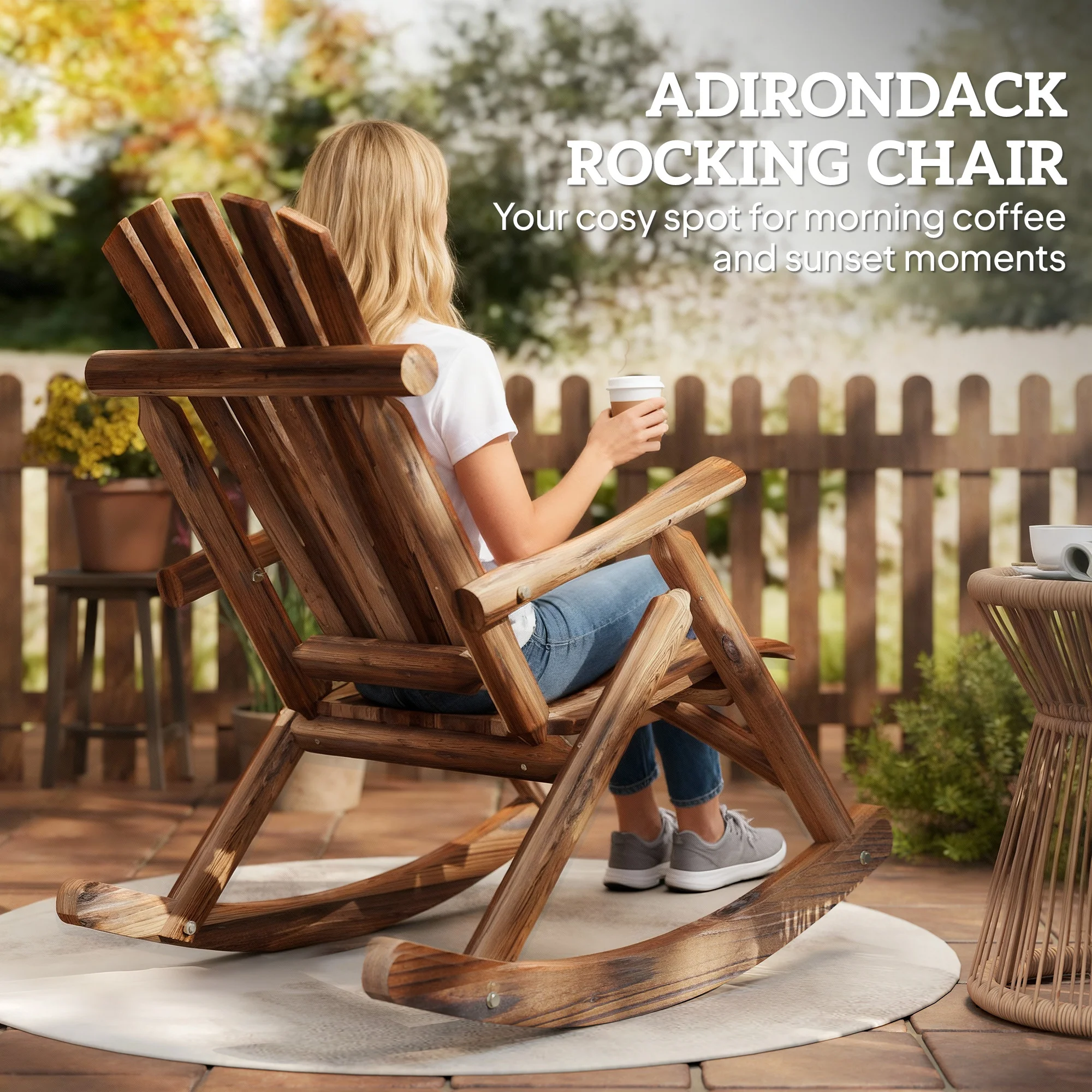 Outdoor Wooden Adirondack Rocker with High Back and Slatted Seat, Carbonized - Image 10