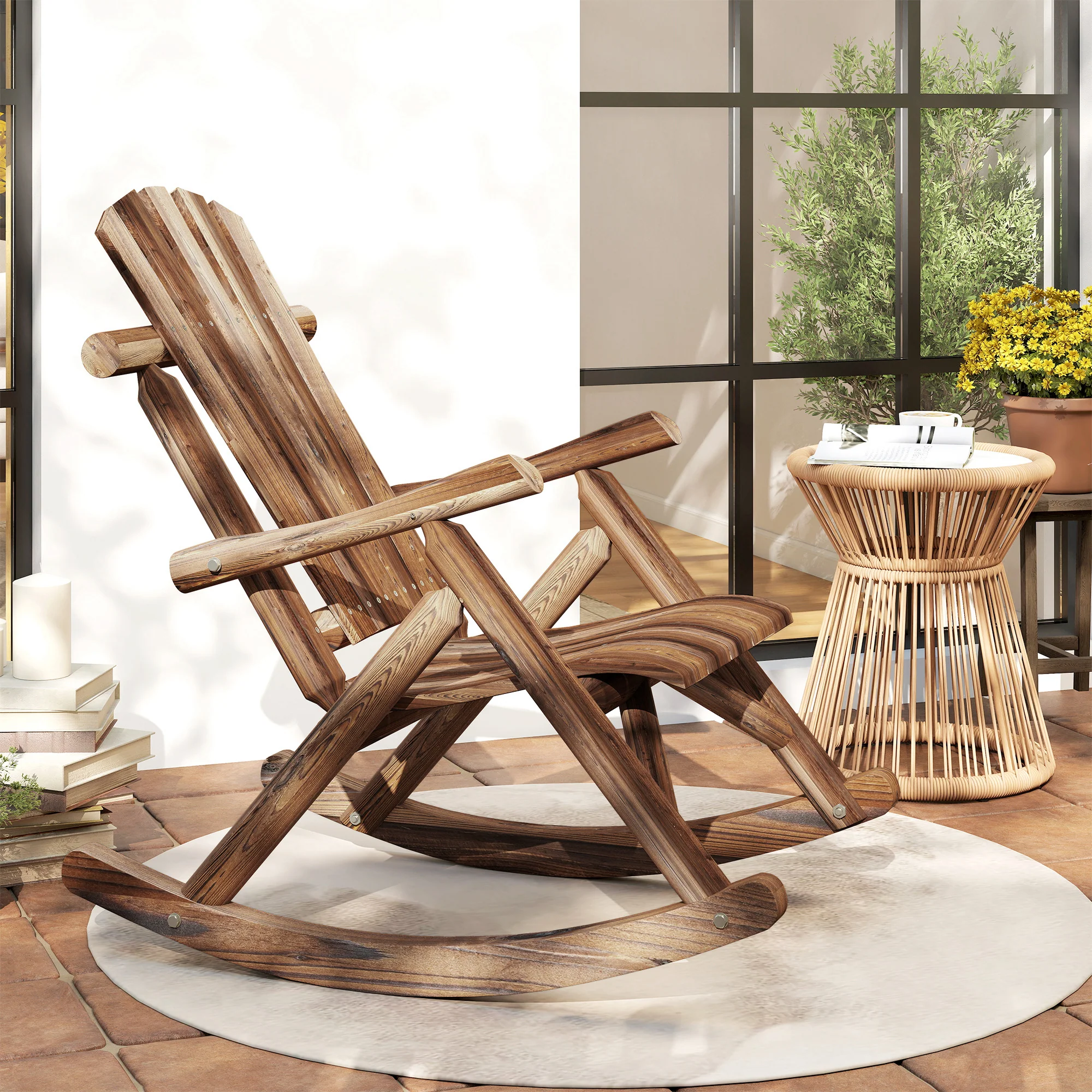 Outdoor Wooden Adirondack Rocker with High Back and Slatted Seat, Carbonized - Image 11