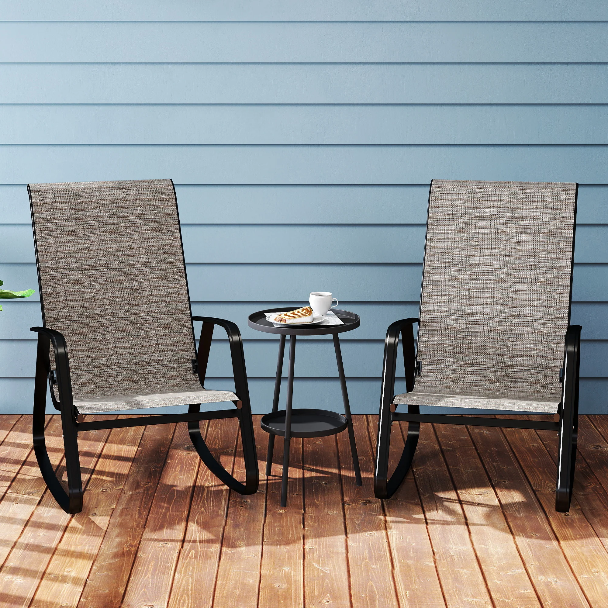 Set of 2 Patio Rocking Chairs with High Backrest & Armrests for Garden, Light Brown - Image 10