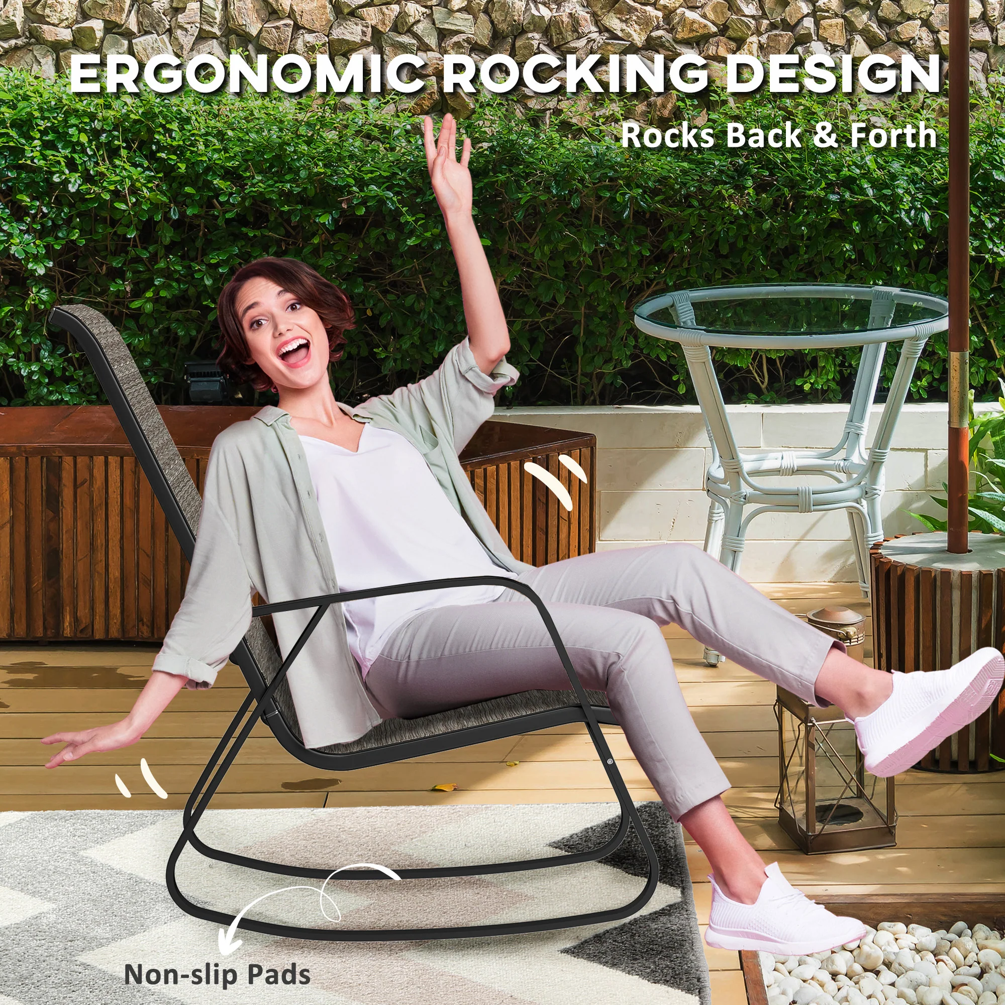 Set of 2 Patio Rocking Chairs with High Backrest & Armrests for Garden, Light Brown - Image 6