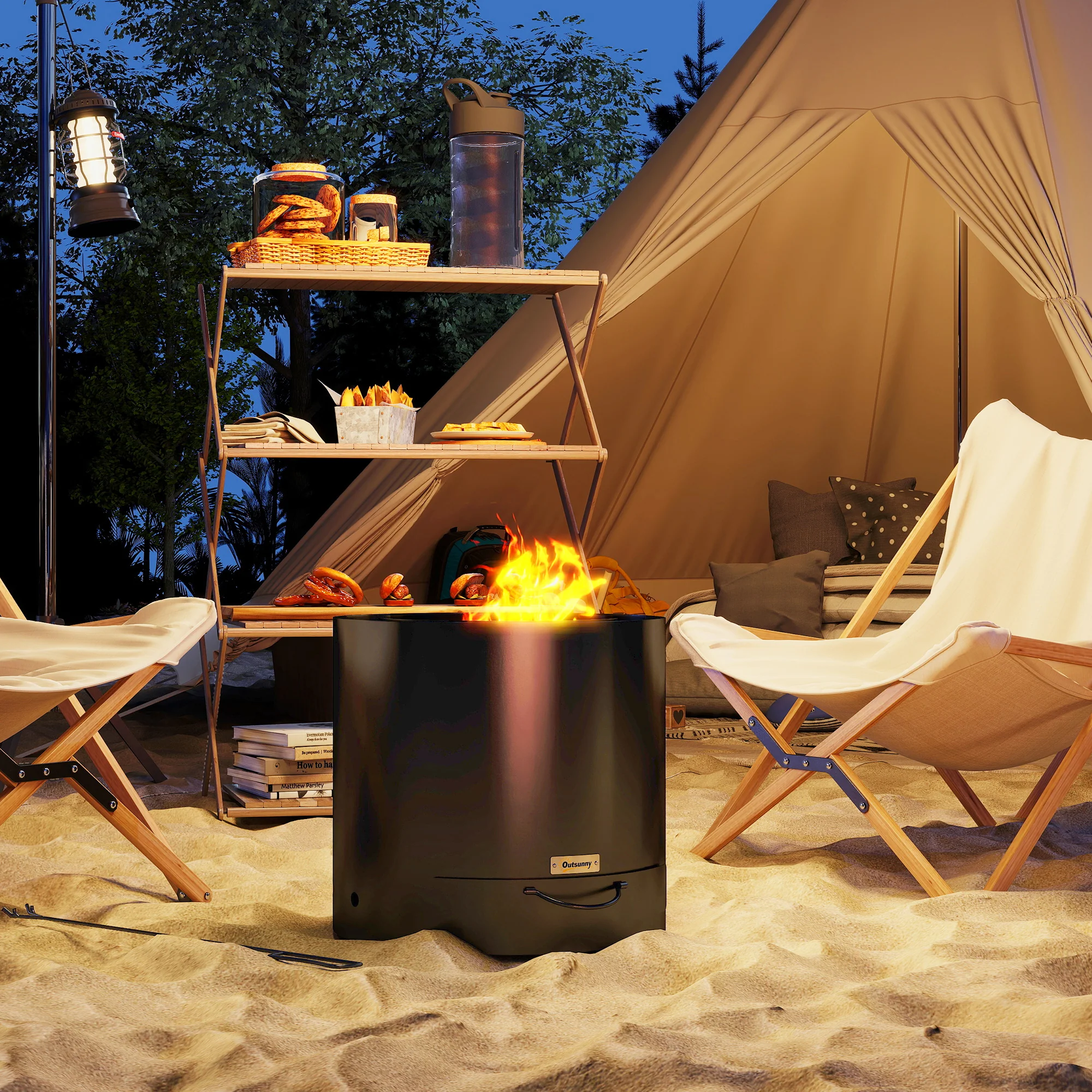 Round Smokeless Fire Pit with Ash Tray & Poker, Black - Image 4