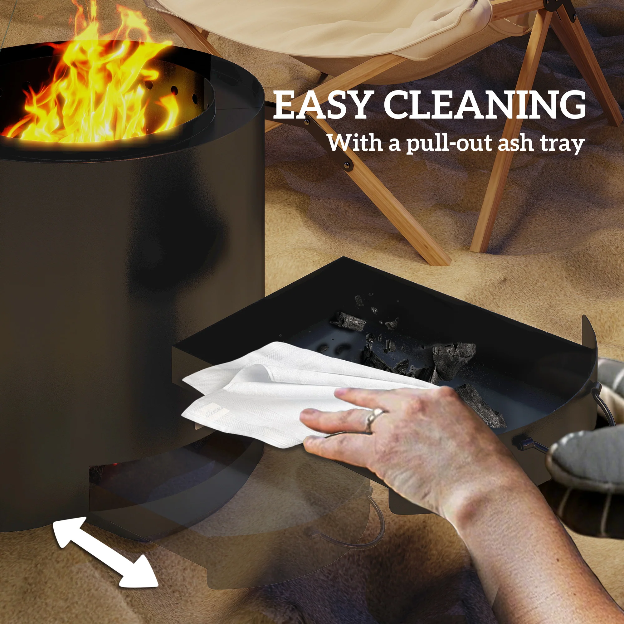 Round Smokeless Fire Pit with Ash Tray & Poker, Black - Image 8