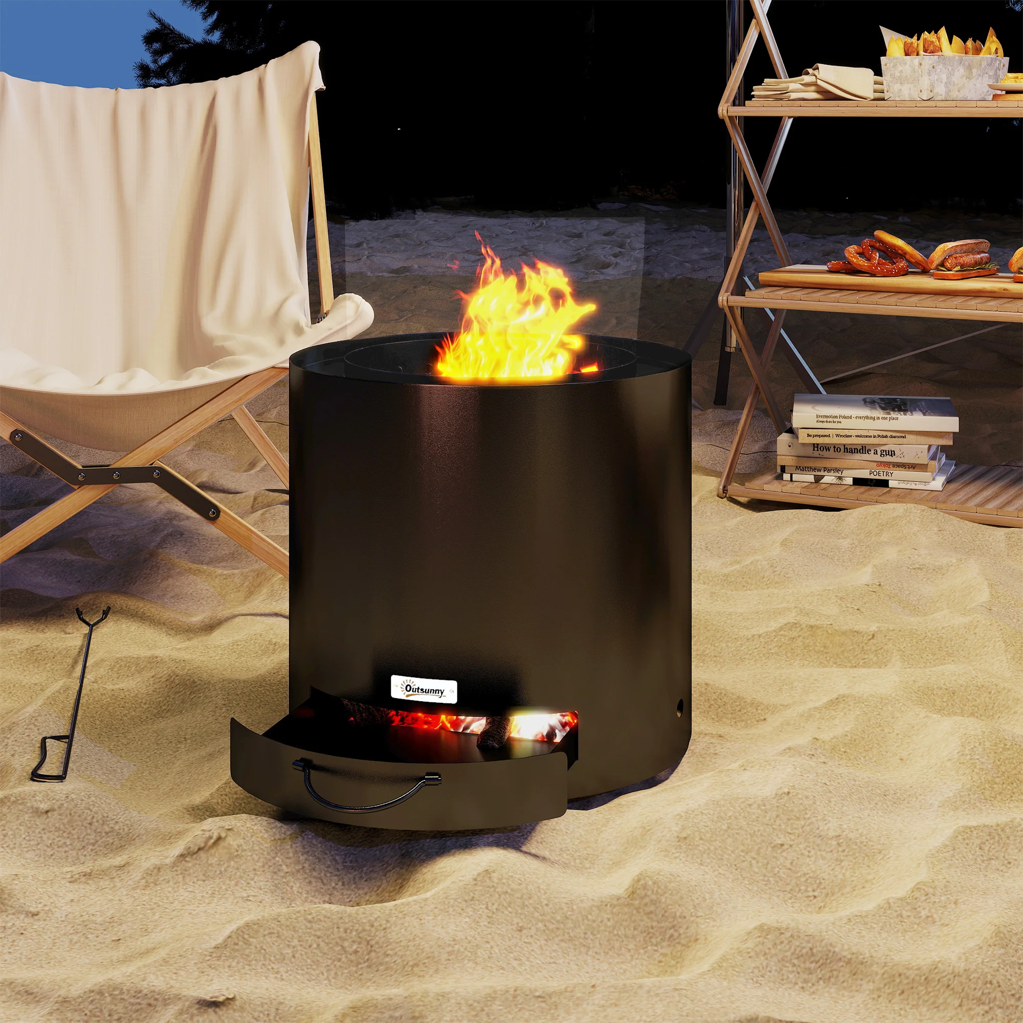 Round Smokeless Fire Pit with Ash Tray & Poker, Black - Image 9