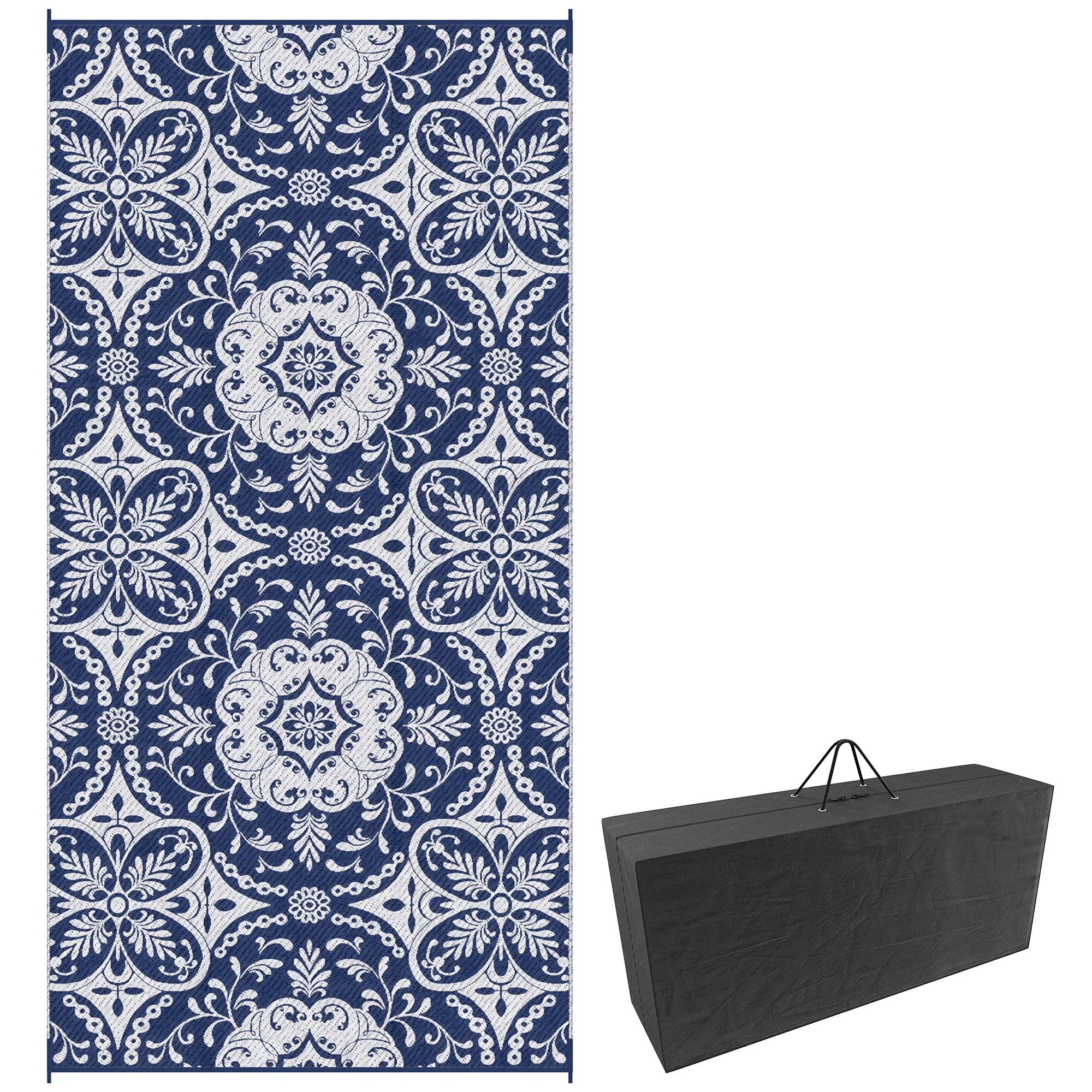 9' x 18' Reversible Outdoor Rug, Blue & White Floral
