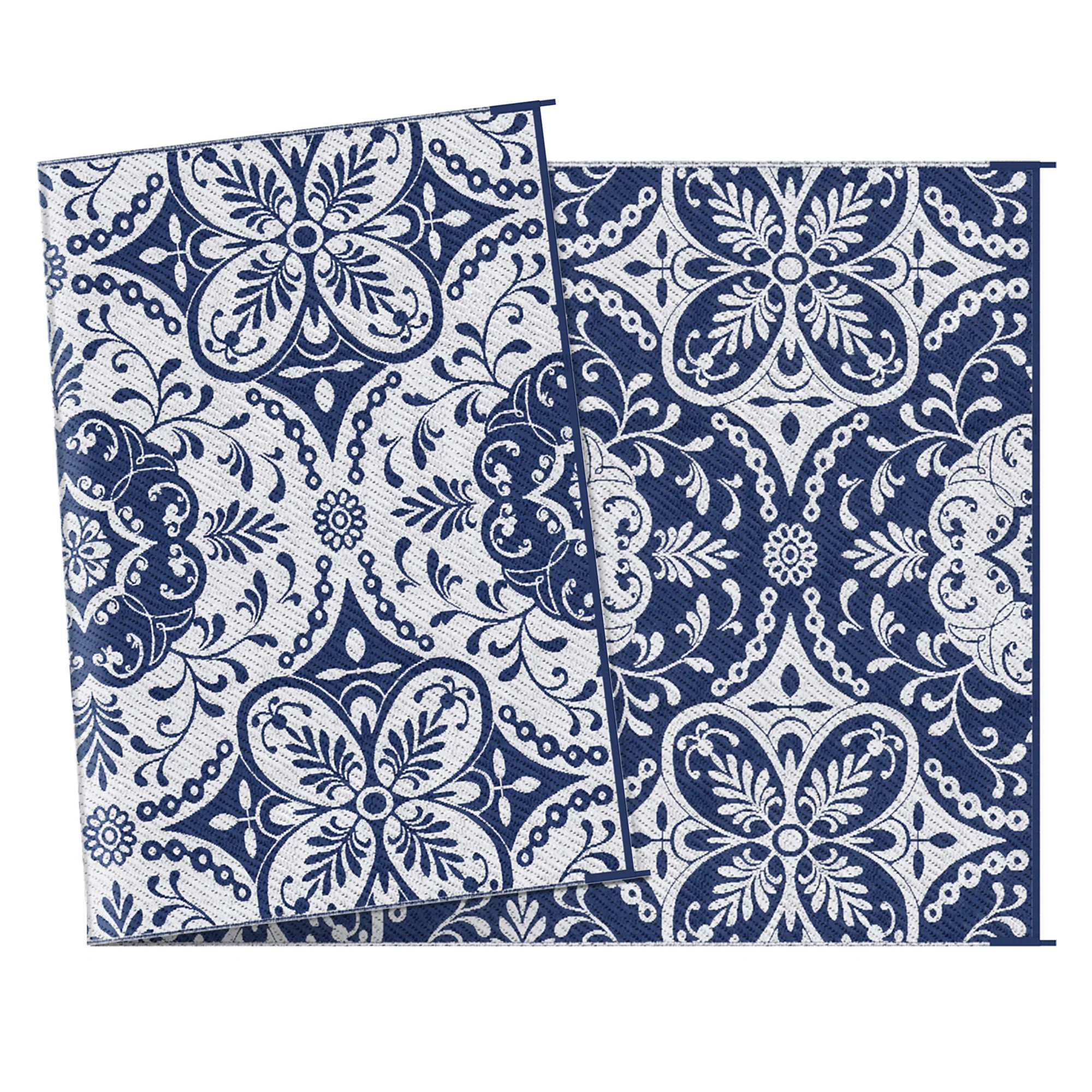 9' x 18' Reversible Outdoor Rug, Blue & White Floral - Image 11