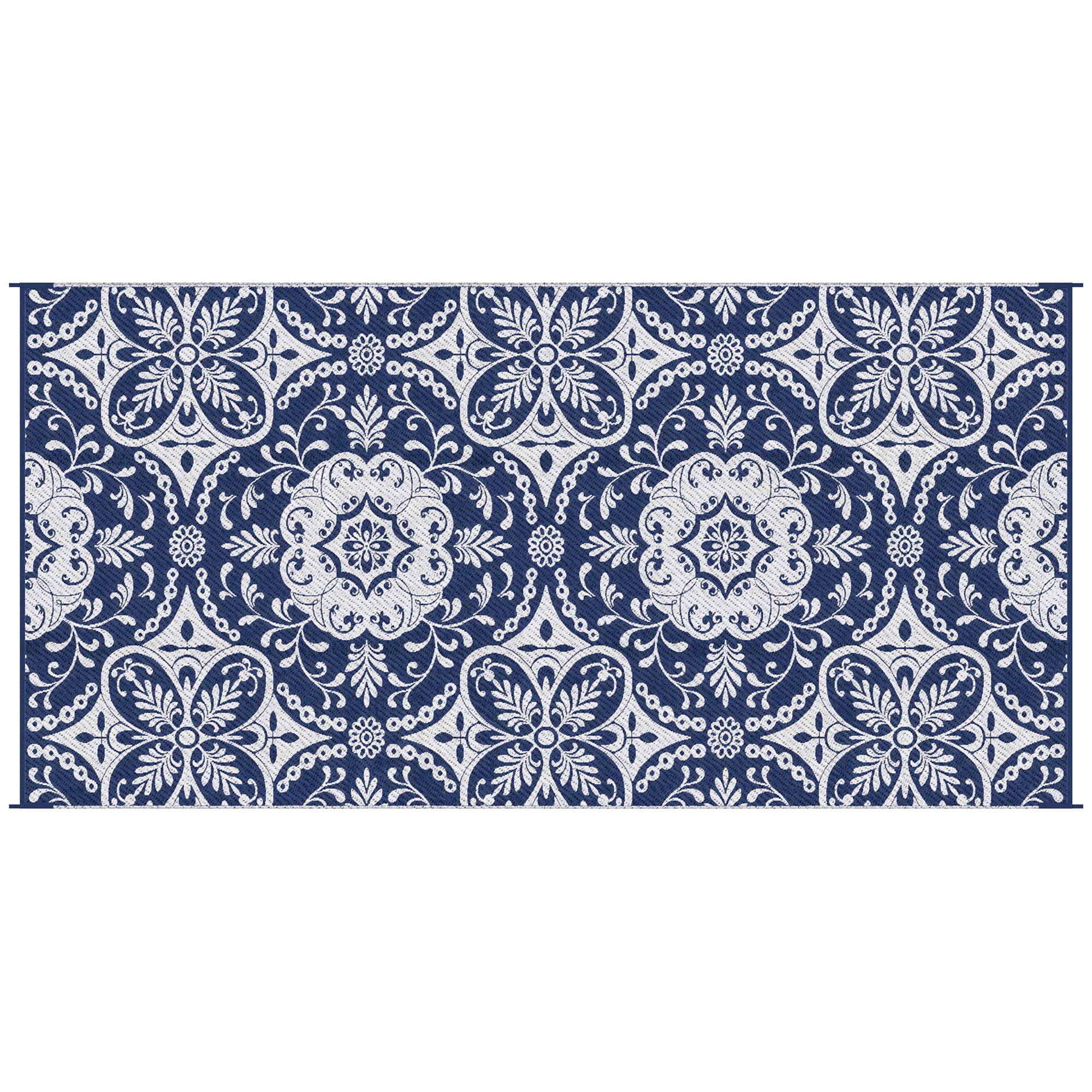 9' x 18' Reversible Outdoor Rug, Blue & White Floral - Image 12