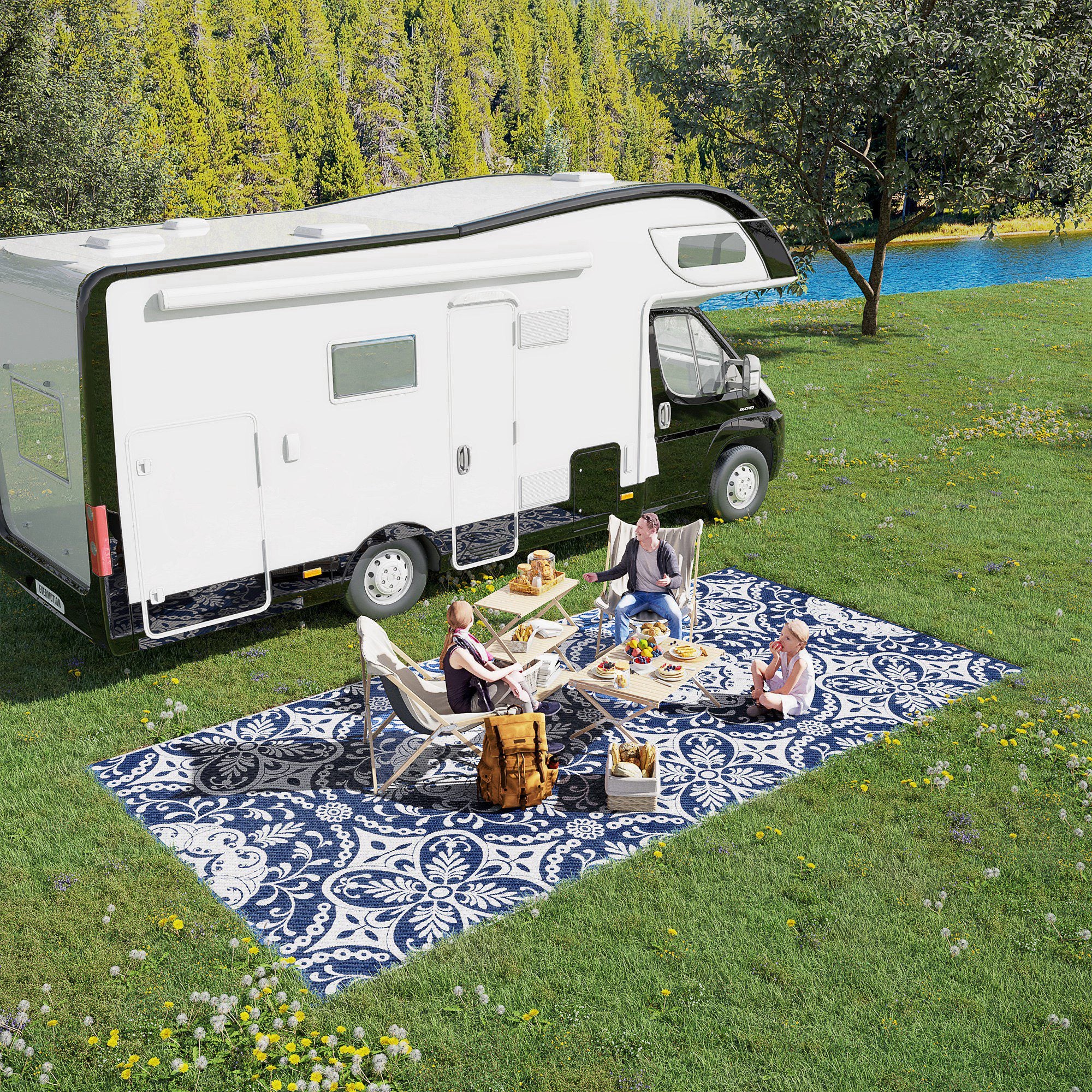 9' x 18' Reversible Outdoor Rug, Blue & White Floral - Image 3