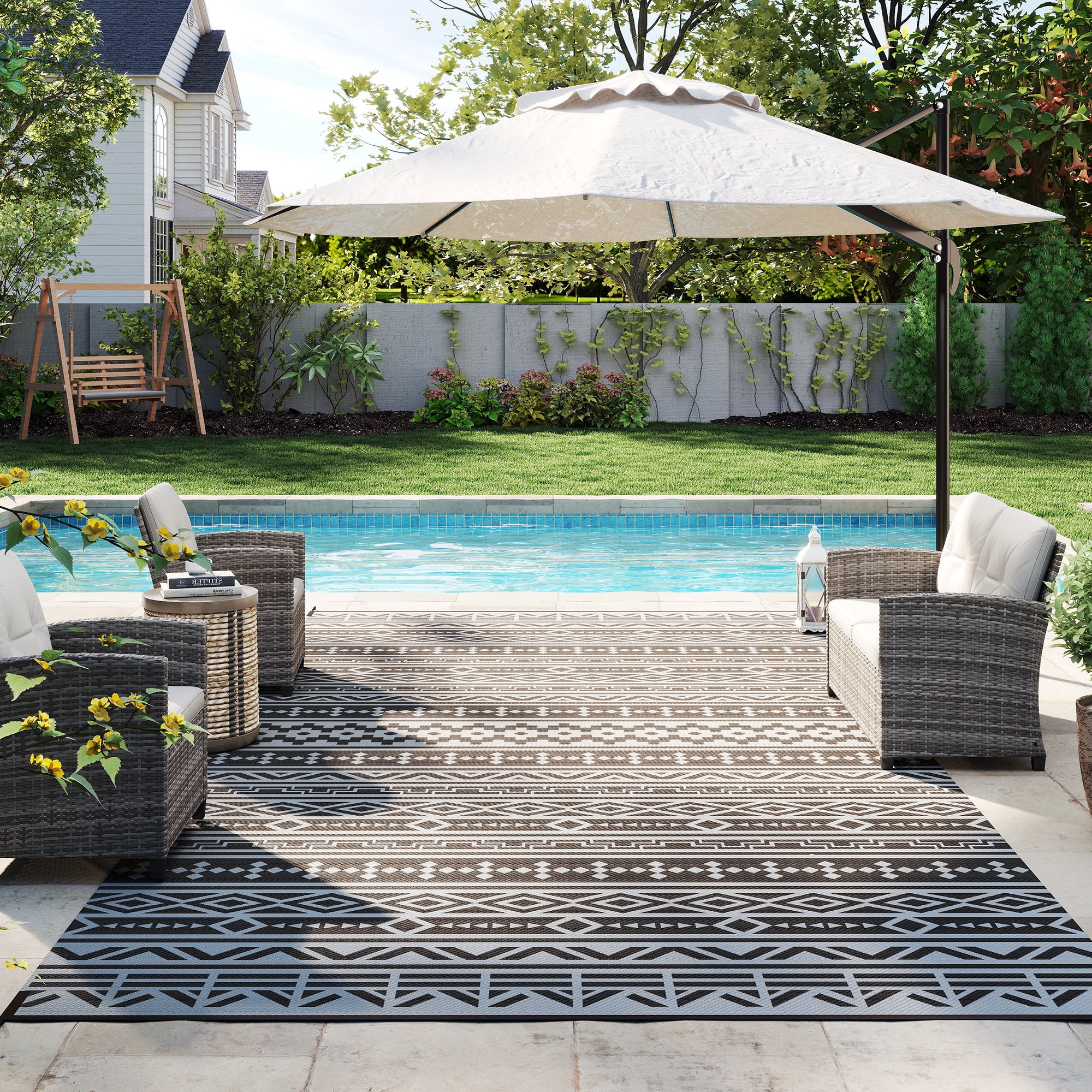 9' x 18' Reversible Outdoor Rug, Black Gray Geometric - Image 11