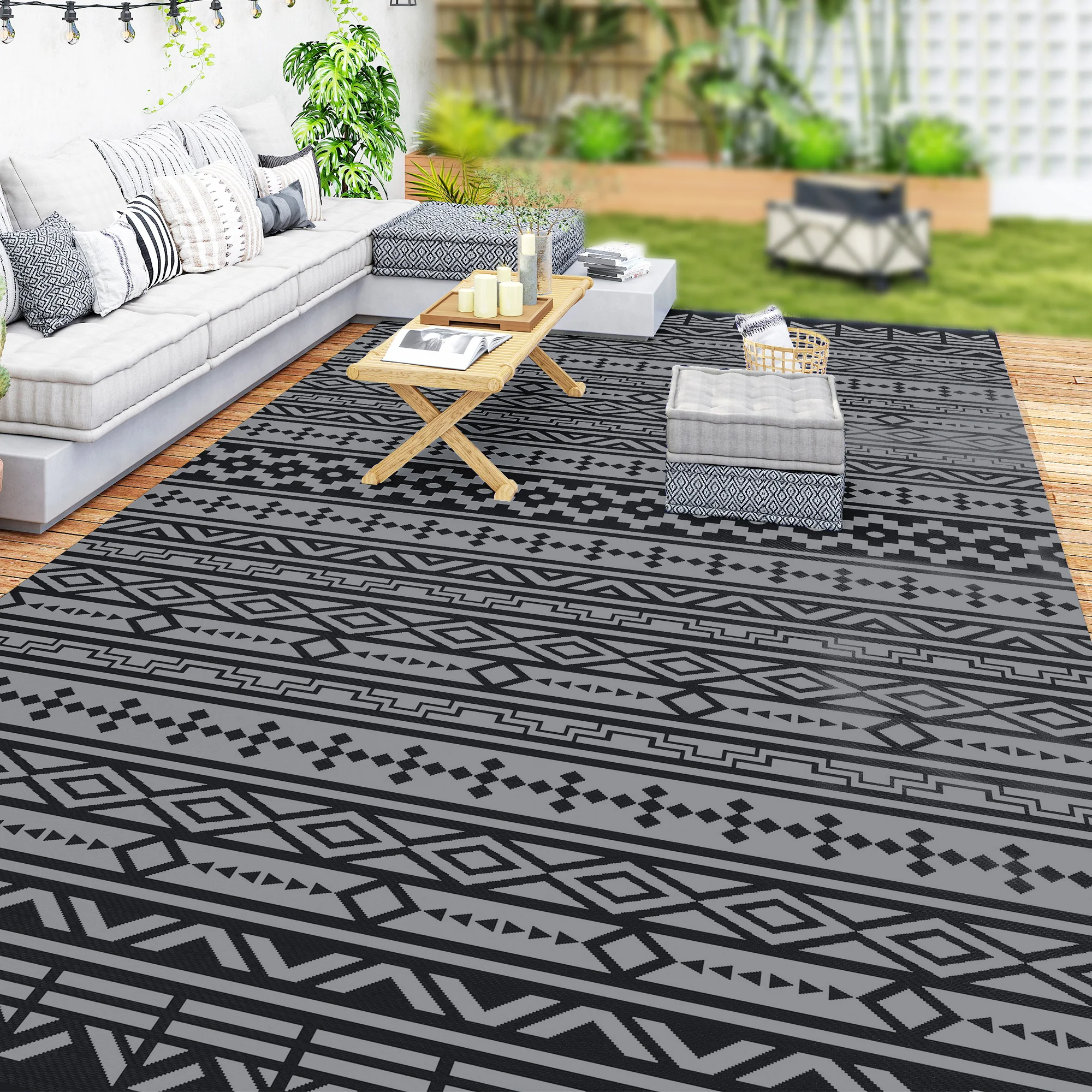 9' x 18' Reversible Outdoor Rug, Black Gray Geometric - Image 3