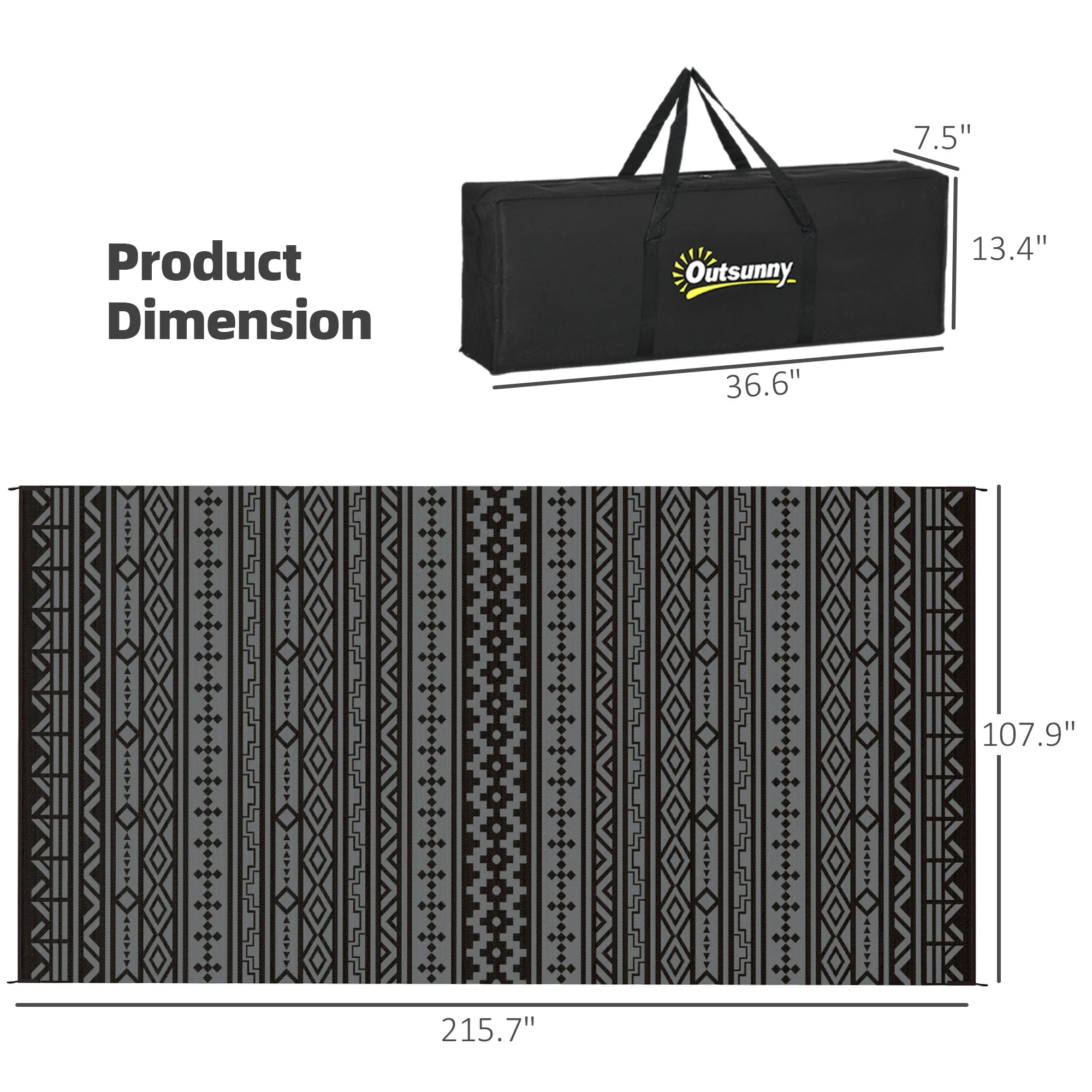 9' x 18' Reversible Outdoor Rug, Black Gray Geometric - Image 5