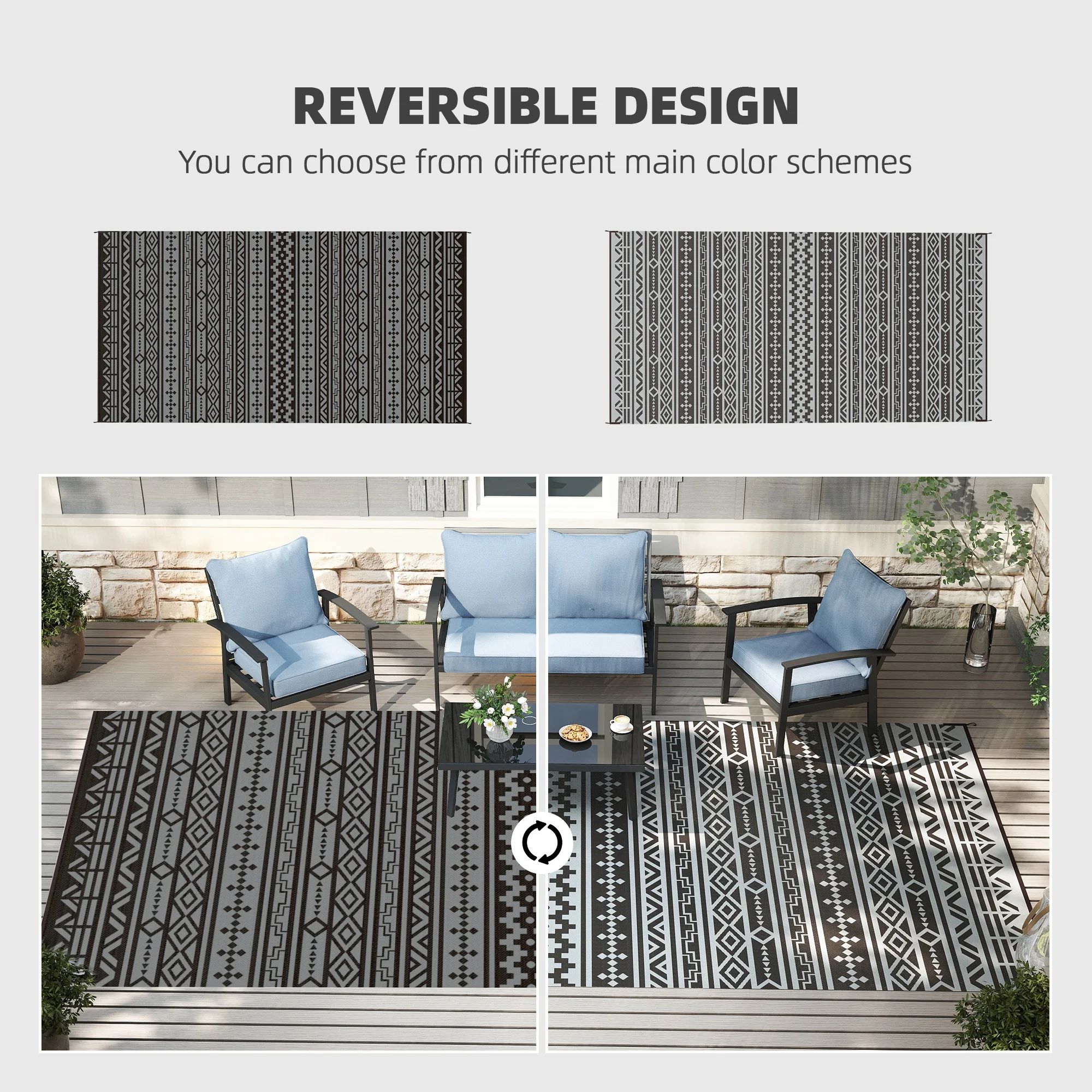 9' x 18' Reversible Outdoor Rug, Black Gray Geometric - Image 6