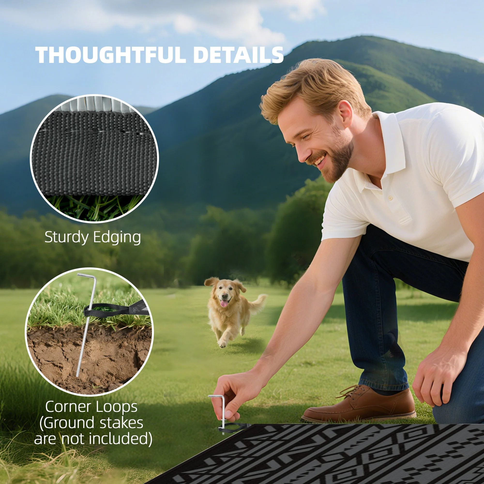 9' x 18' Reversible Outdoor Rug, Black Gray Geometric - Image 9