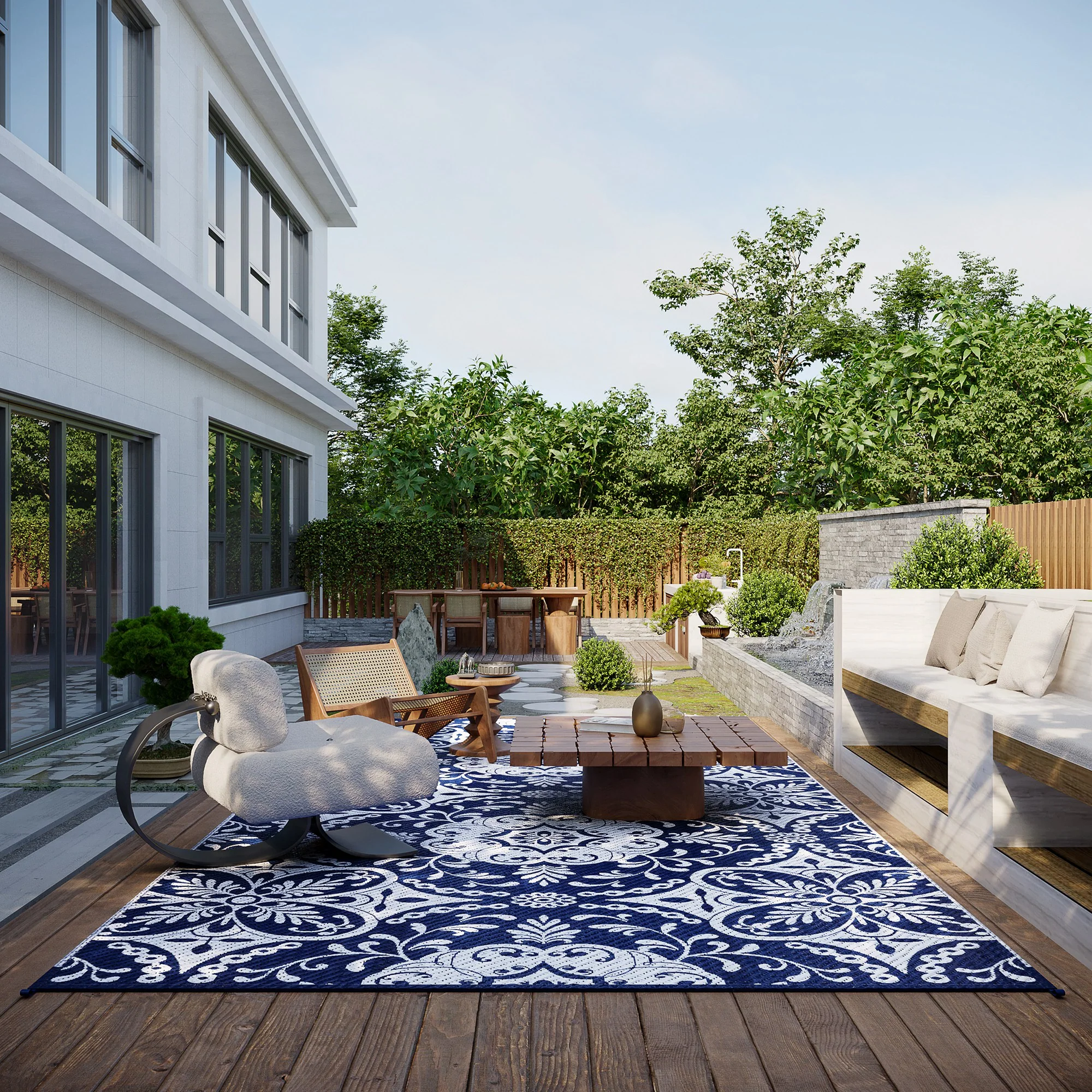 9' x 18' Reversible Outdoor Rug, Blue & White Floral - Image 4