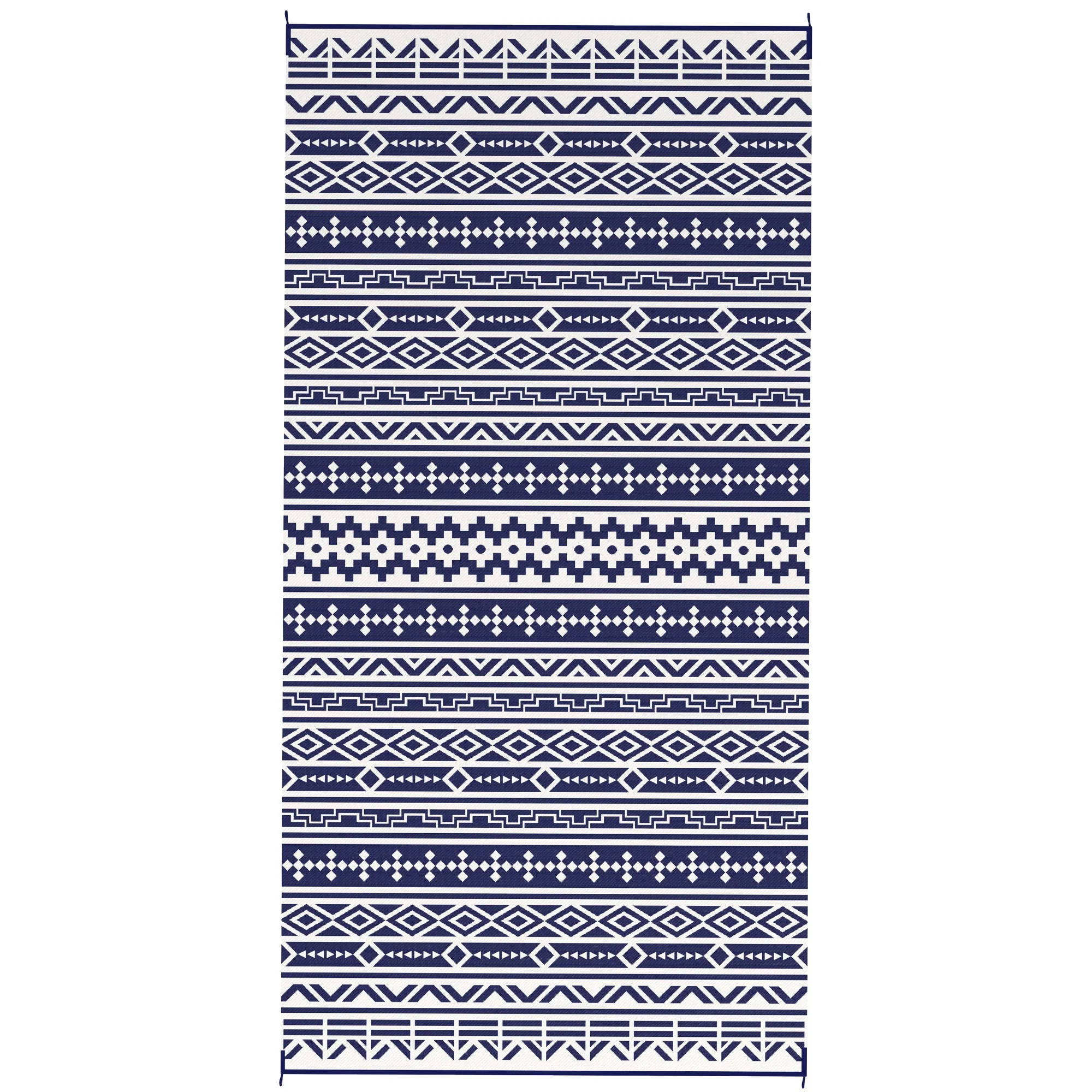 9' x 18' Reversible Outdoor Rug, Blue White Geometric