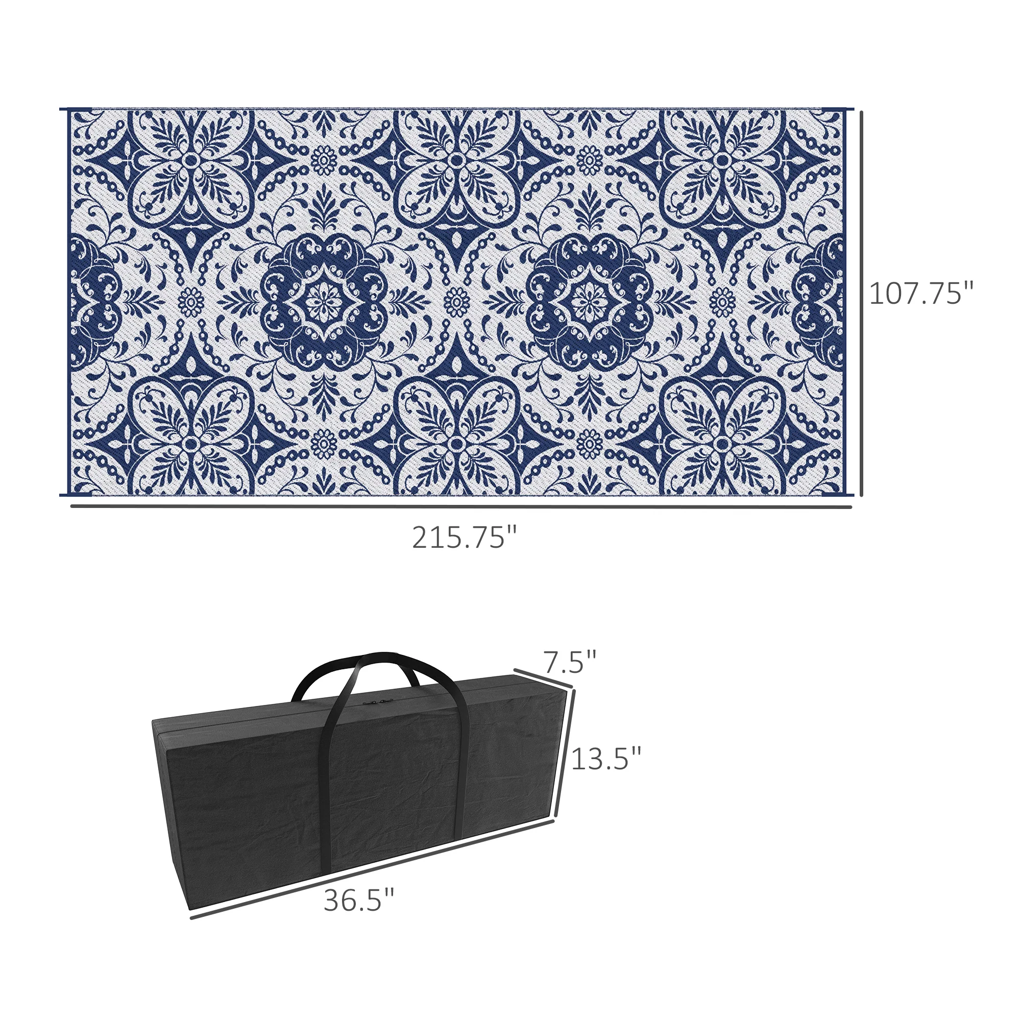 9' x 18' Reversible Outdoor Rug, Blue & White Floral - Image 5