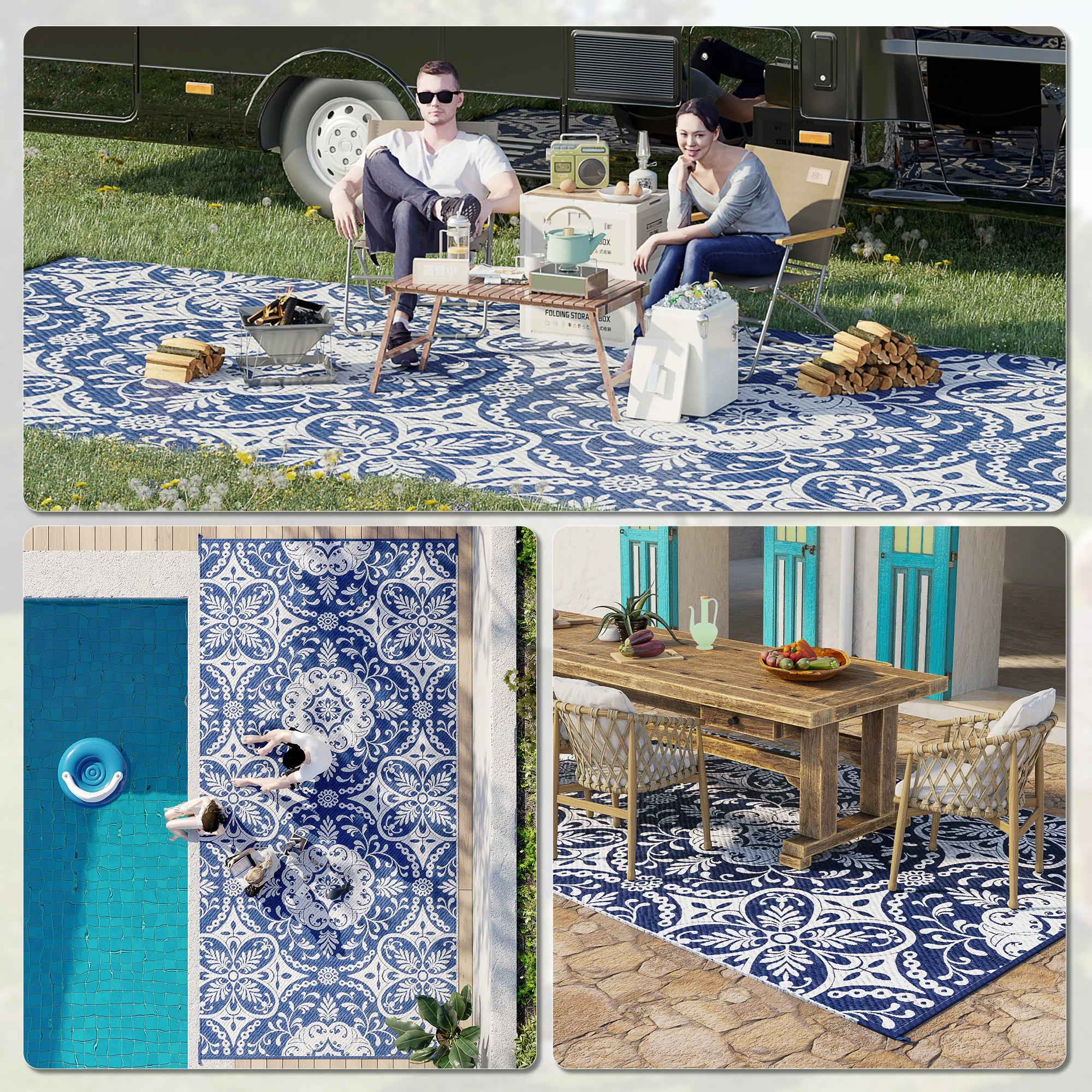 9' x 18' Reversible Outdoor Rug, Blue & White Floral - Image 7